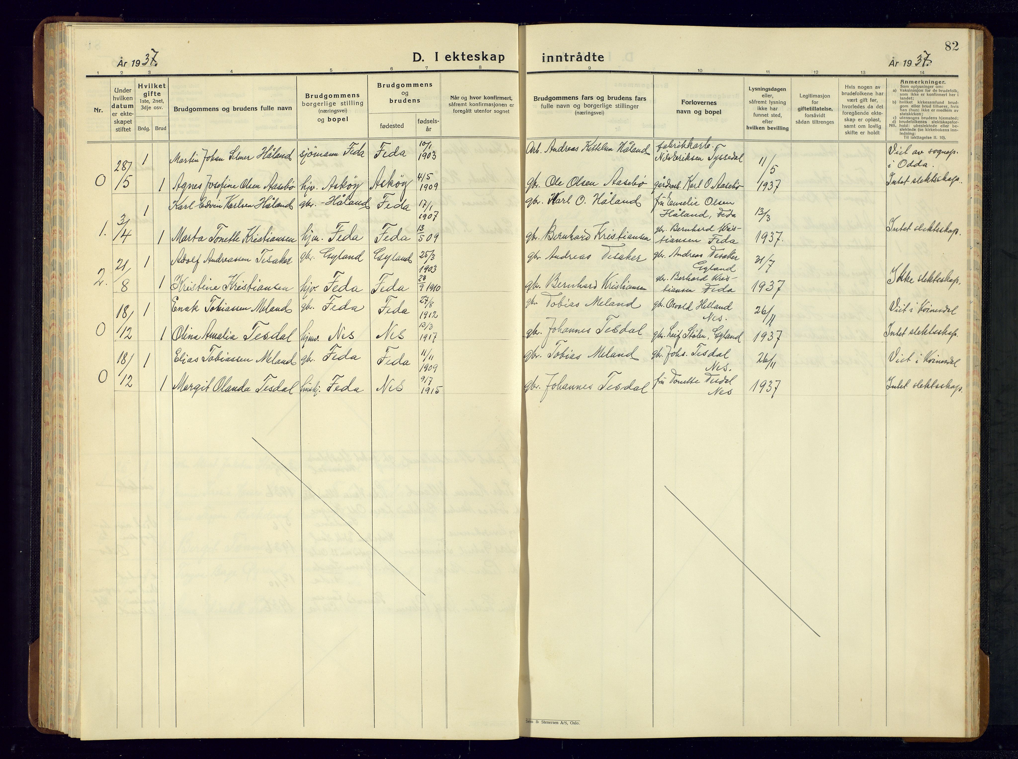 Kvinesdal sokneprestkontor, AV/SAK-1111-0026/F/Fb/Fba/L0006: Parish register (copy) no. B 6, 1935-1956, p. 82