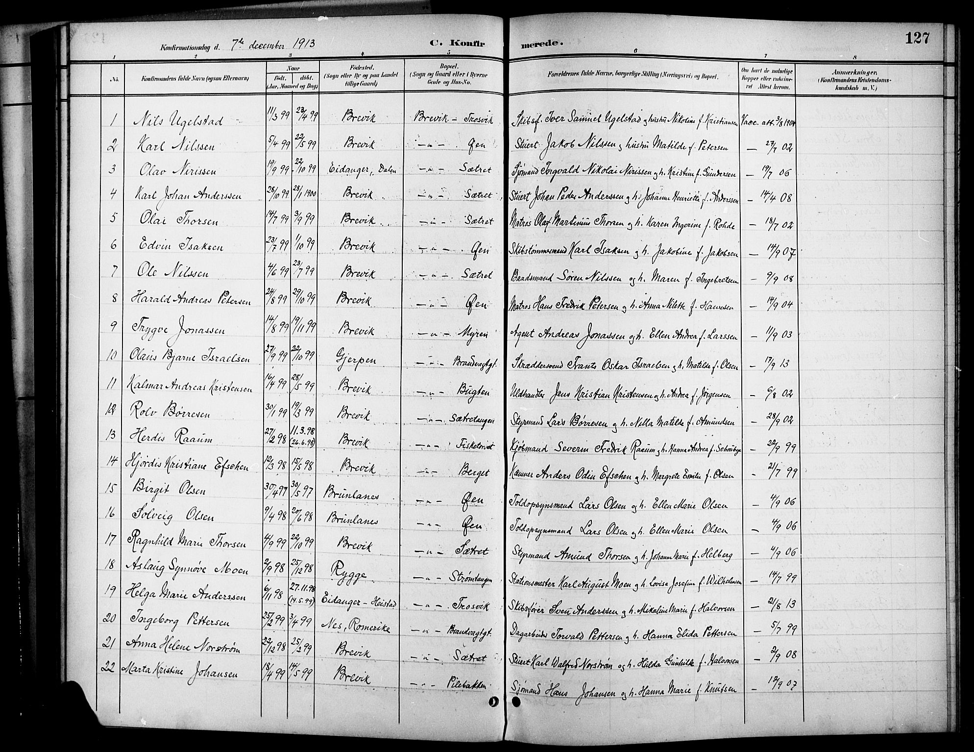 Brevik kirkebøker, SAKO/A-255/G/Ga/L0005: Parish register (copy) no. 5, 1901-1924, p. 127