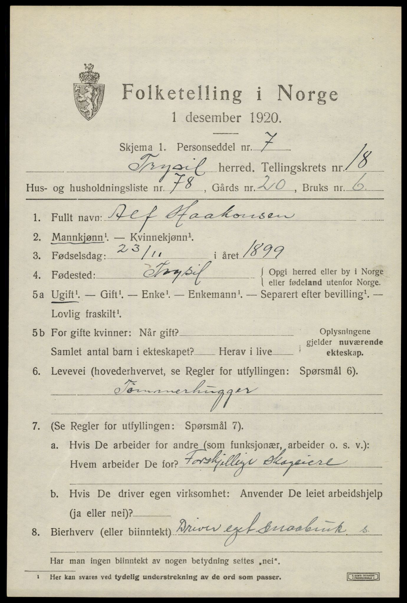 SAH, 1920 census for Trysil, 1920, p. 12707