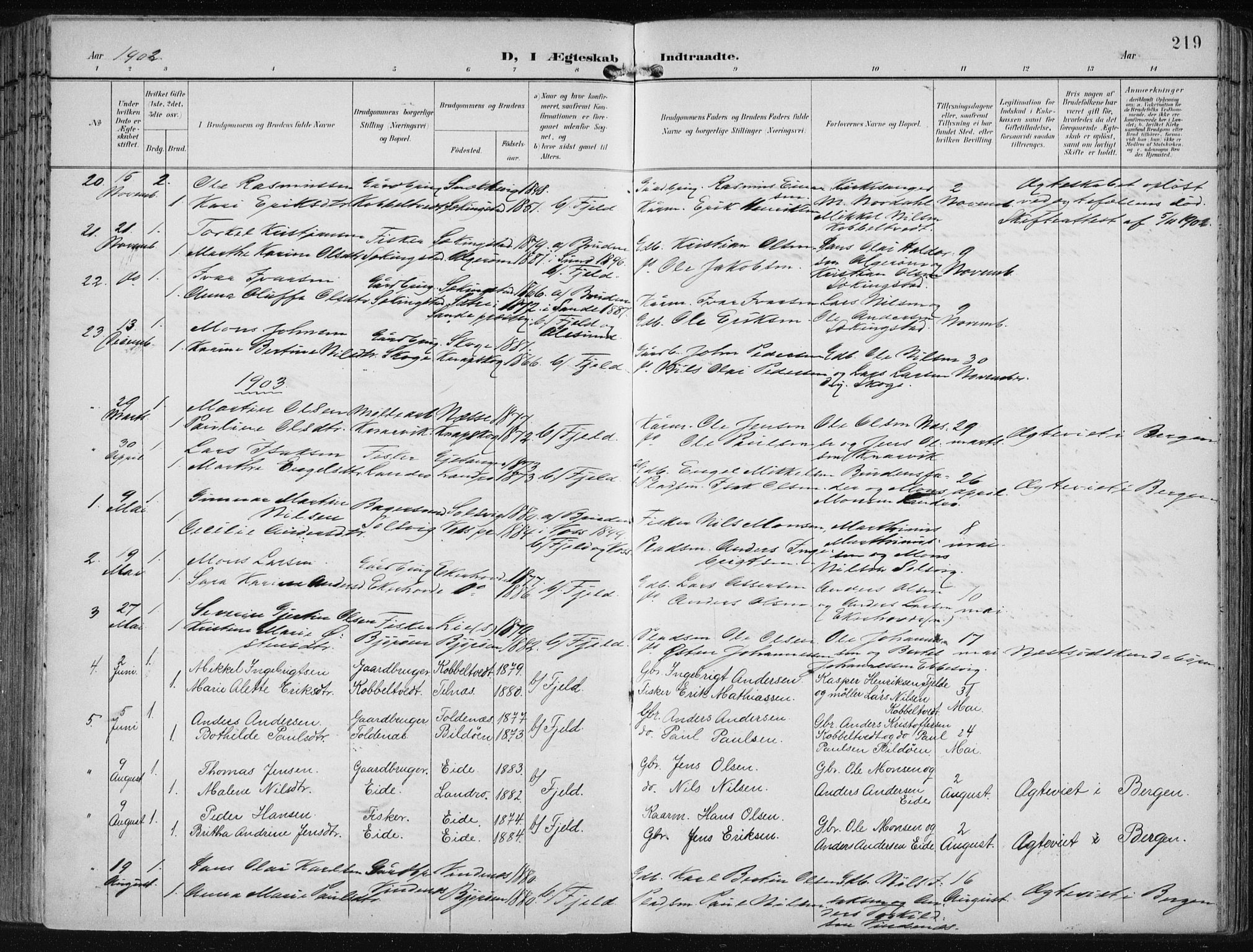 Fjell sokneprestembete, SAB/A-75301/H/Haa: Parish register (official) no. A  9, 1899-1910, p. 219