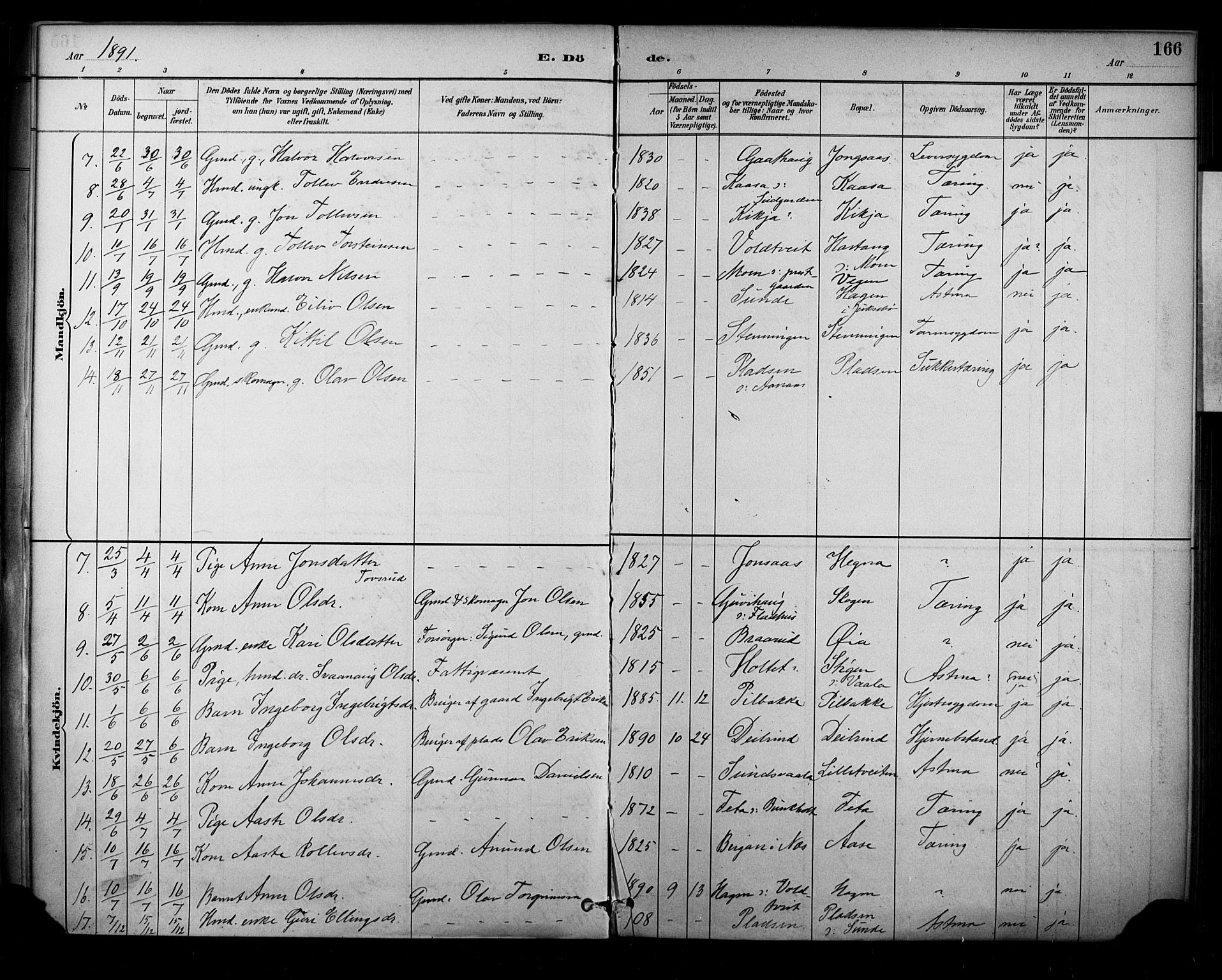 Sauherad kirkebøker, SAKO/A-298/F/Fa/L0009: Parish register (official) no. I 9, 1887-1912, p. 166