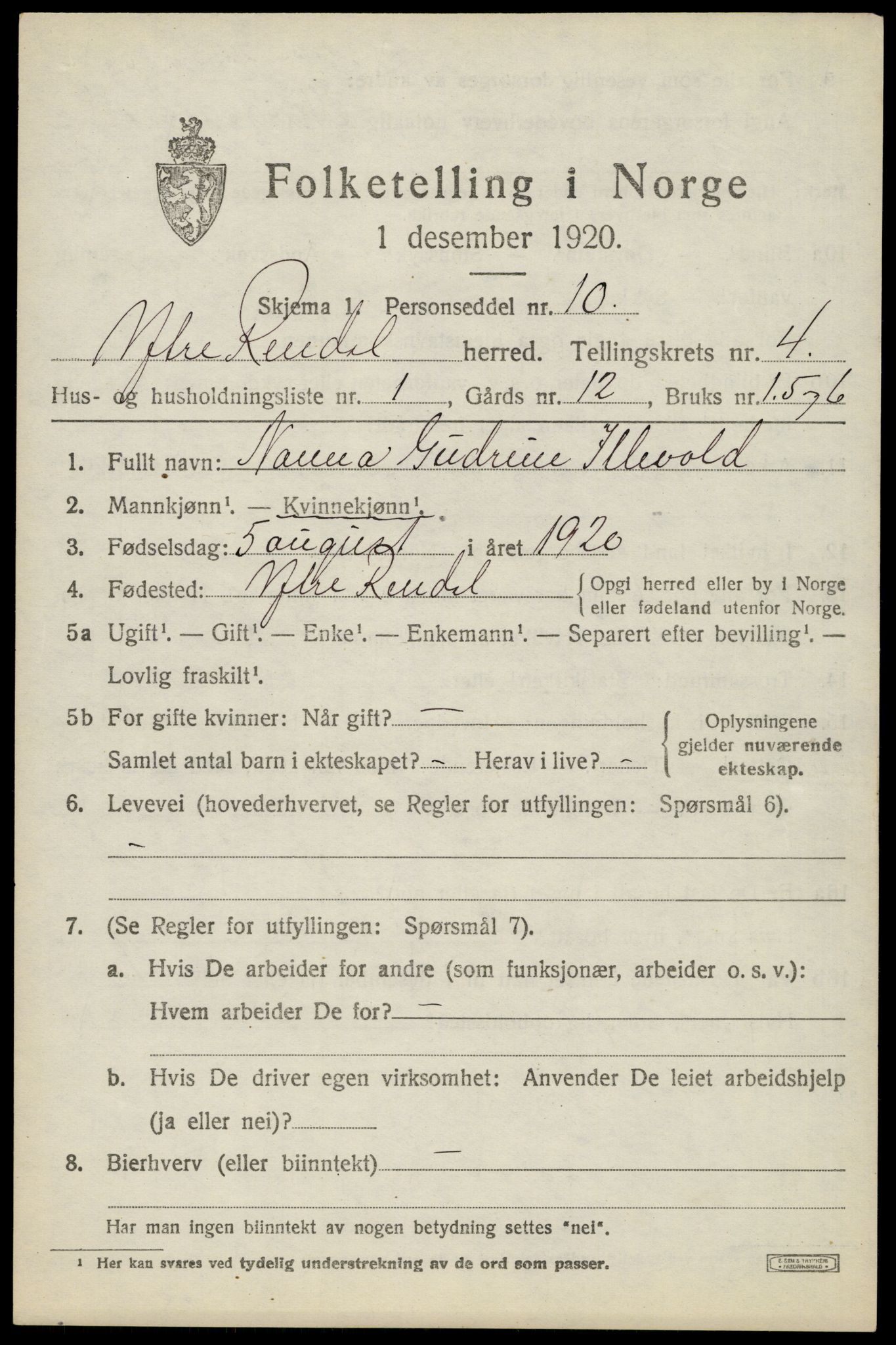 SAH, 1920 census for Ytre Rendal, 1920, p. 2067