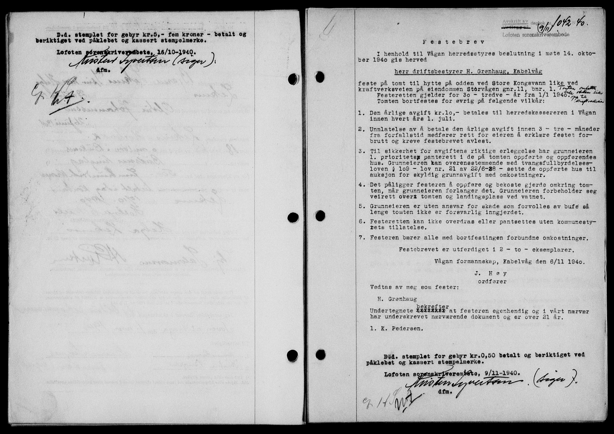 Lofoten sorenskriveri, SAT/A-0017/1/2/2C/L0008a: Mortgage book no. 8a, 1940-1941, Diary no: : 1042/1940