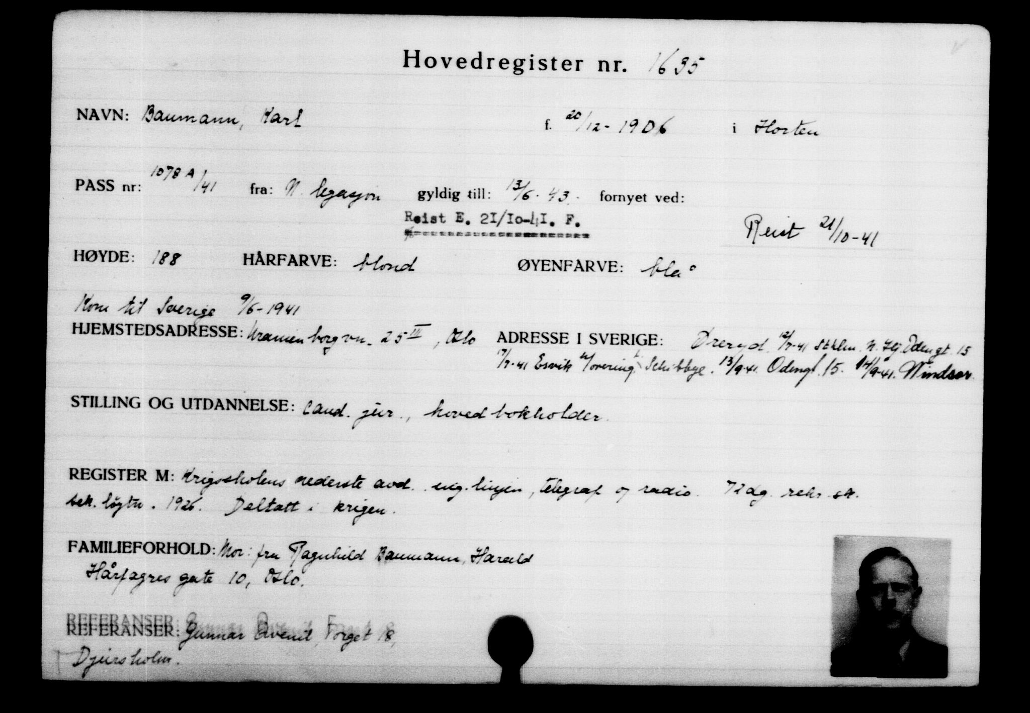 Utenriksstasjonene, Legasjonen i Stockholm, Flyktningkontoret, AV/RA-S-6753/V/Va/L0002: Kjesäterkartoteket, flyktninger med registreringsnr. 1001-2000, 1940-1945, p. 907