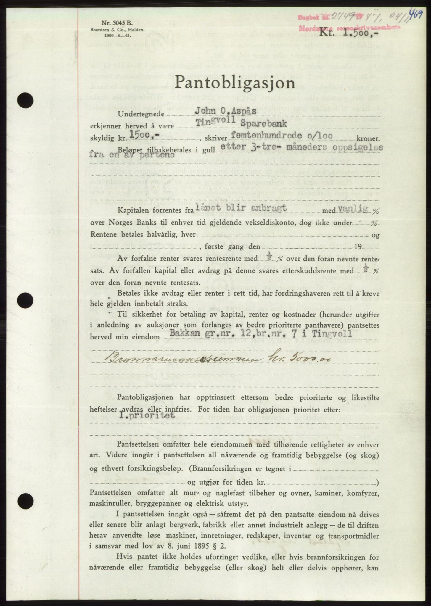 Nordmøre sorenskriveri, AV/SAT-A-4132/1/2/2Ca: Mortgage book no. B97, 1947-1948, Diary no: : 2749/1947