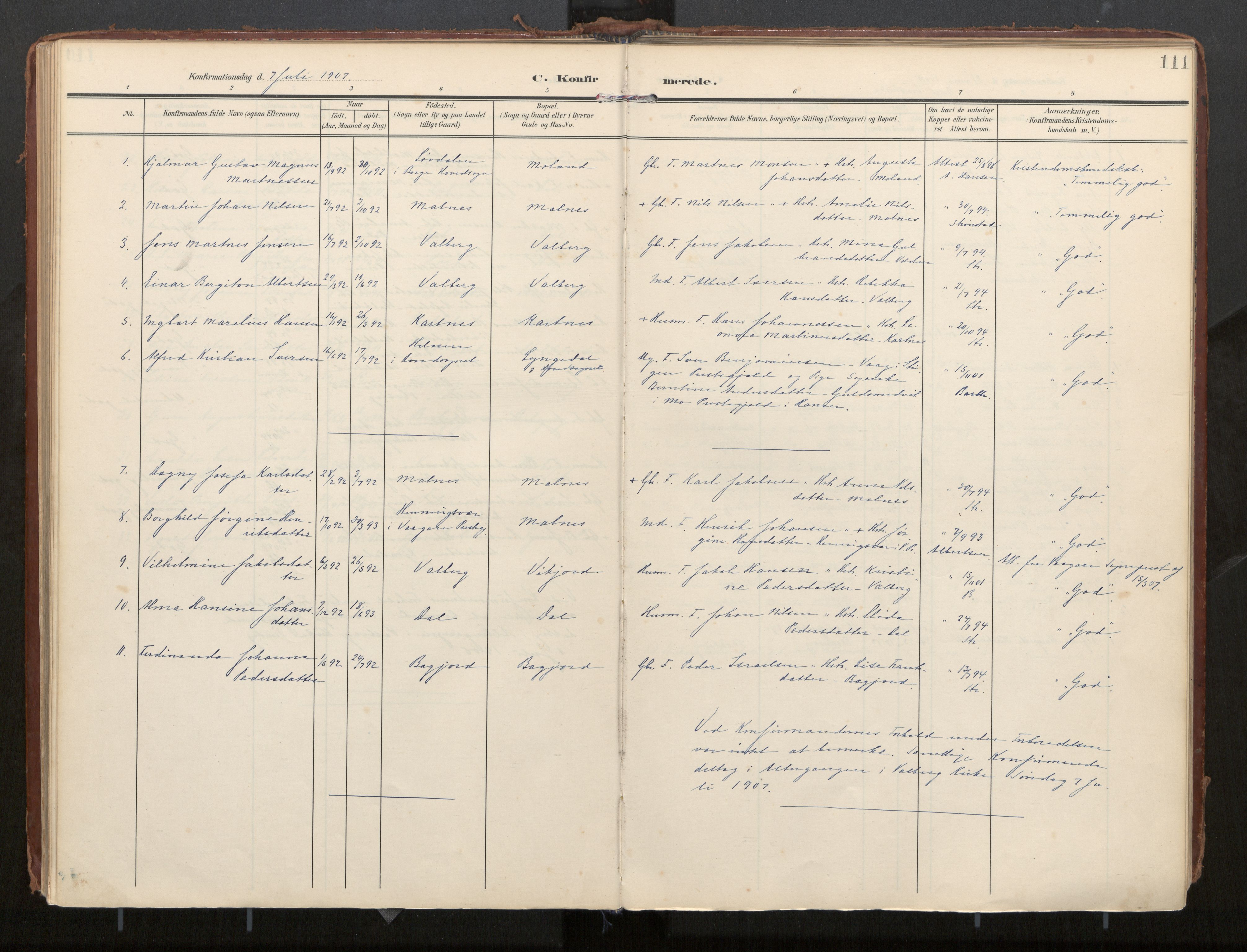 Ministerialprotokoller, klokkerbøker og fødselsregistre - Nordland, AV/SAT-A-1459/884/L1194: Parish register (official) no. 884A02, 1906-1937, p. 111