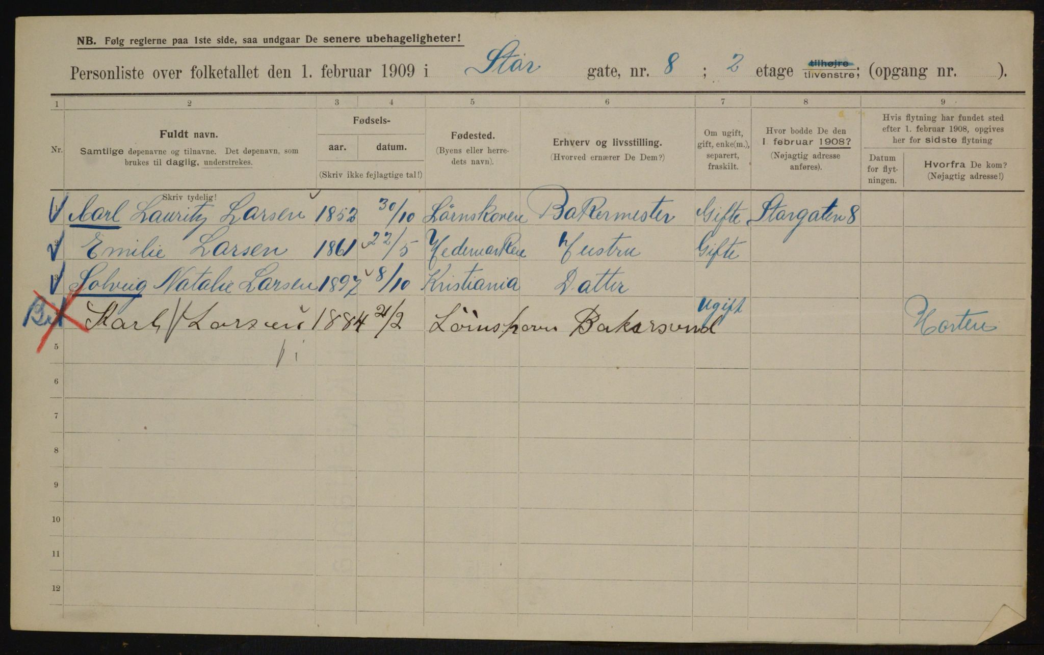 OBA, Municipal Census 1909 for Kristiania, 1909, p. 93047