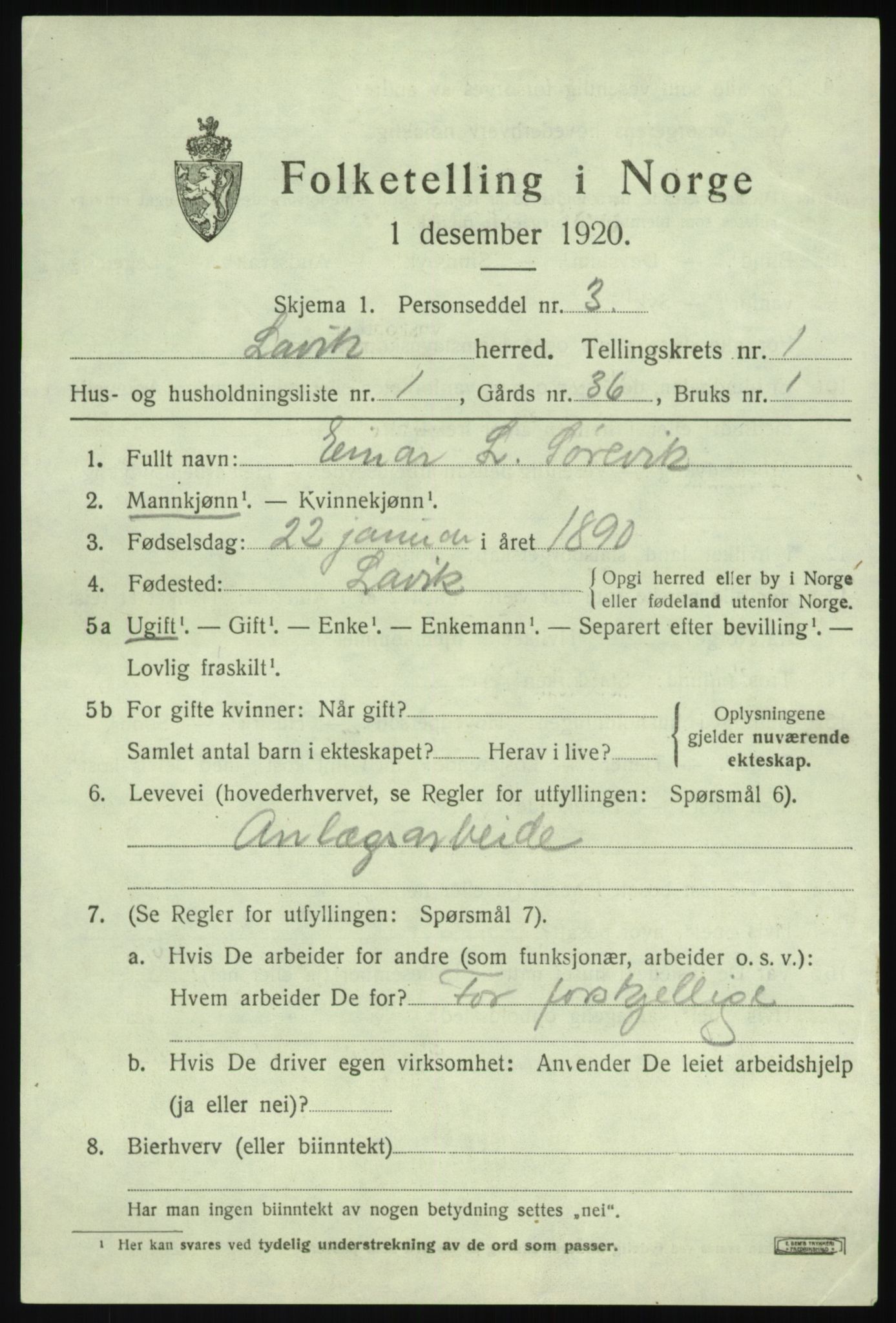 SAB, 1920 census for Lavik, 1920, p. 396