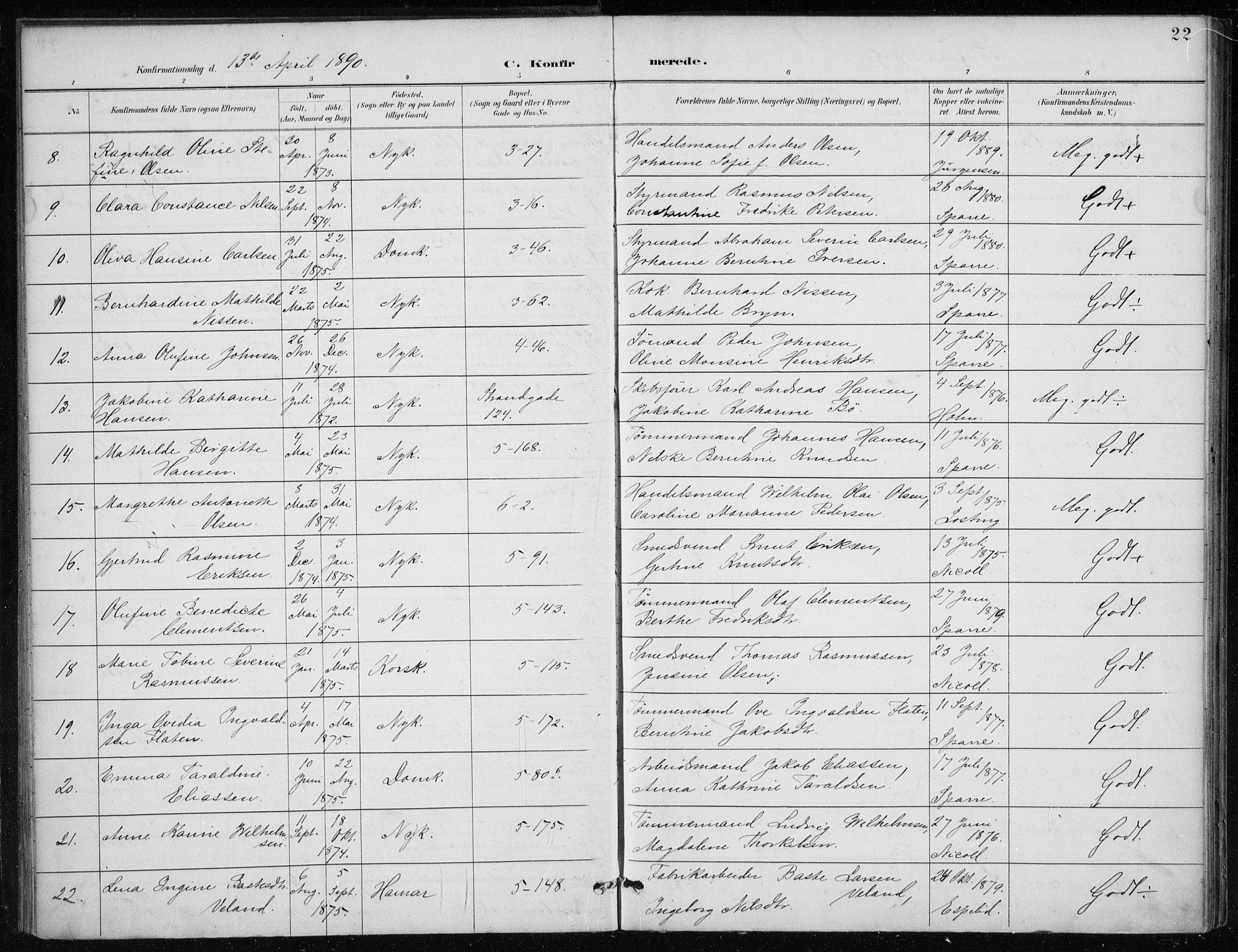 Nykirken Sokneprestembete, SAB/A-77101/H/Haa/L0028: Parish register (official) no. C 7, 1887-1913, p. 22