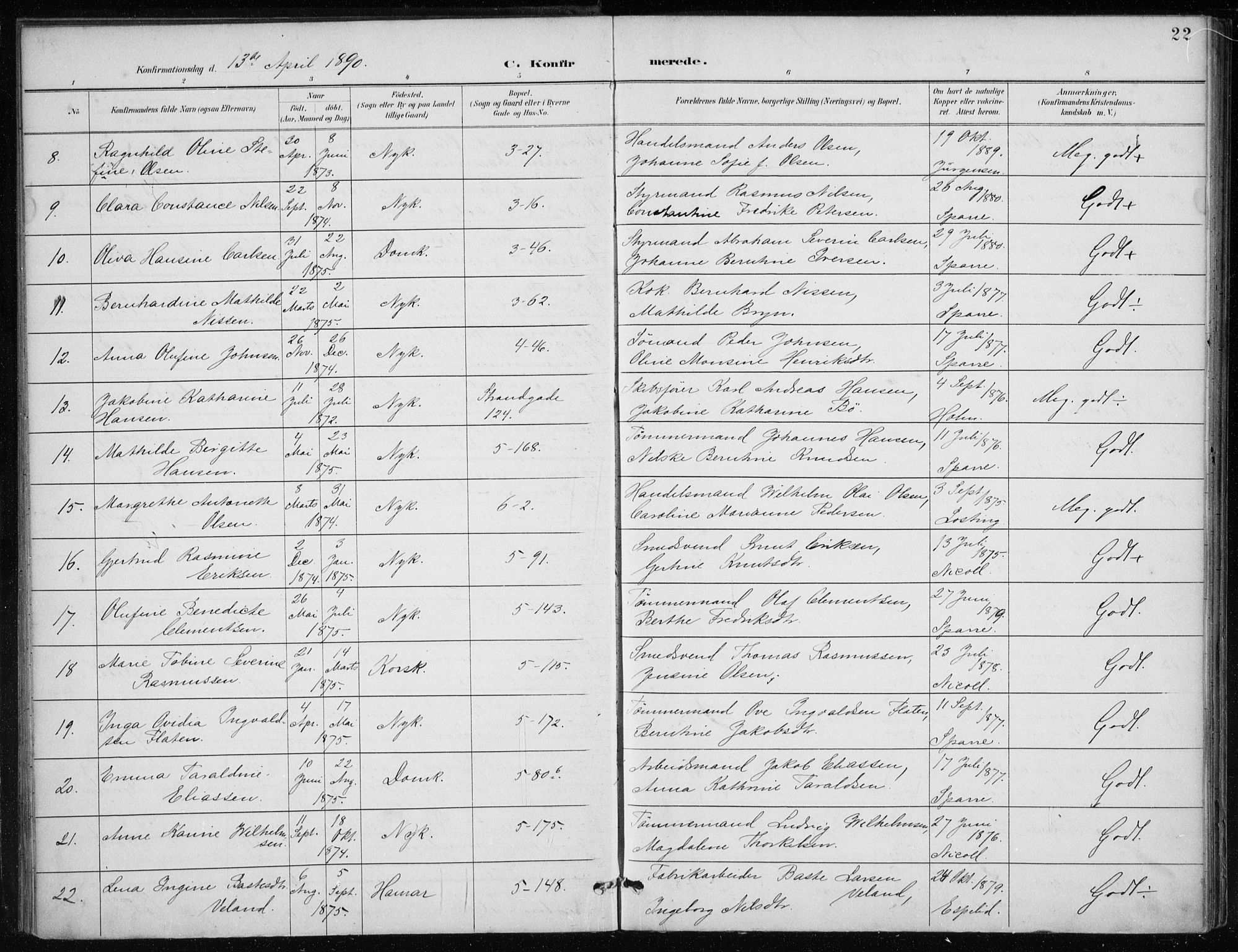 Nykirken Sokneprestembete, AV/SAB-A-77101/H/Haa/L0028: Parish register (official) no. C 7, 1887-1913, p. 22