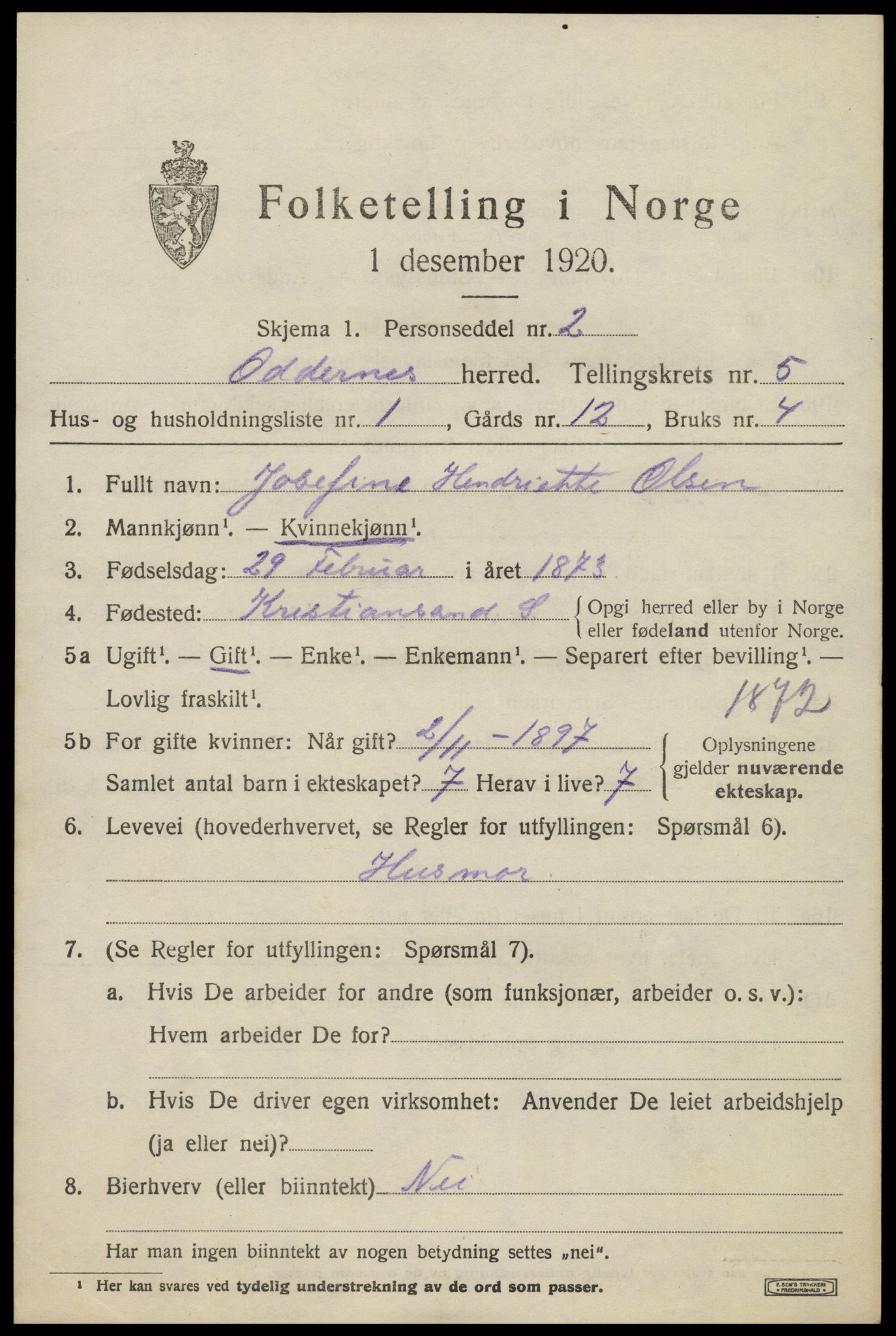 SAK, 1920 census for Oddernes, 1920, p. 4431