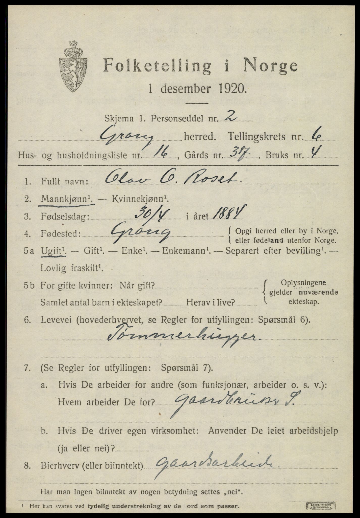 SAT, 1920 census for Grong, 1920, p. 3721