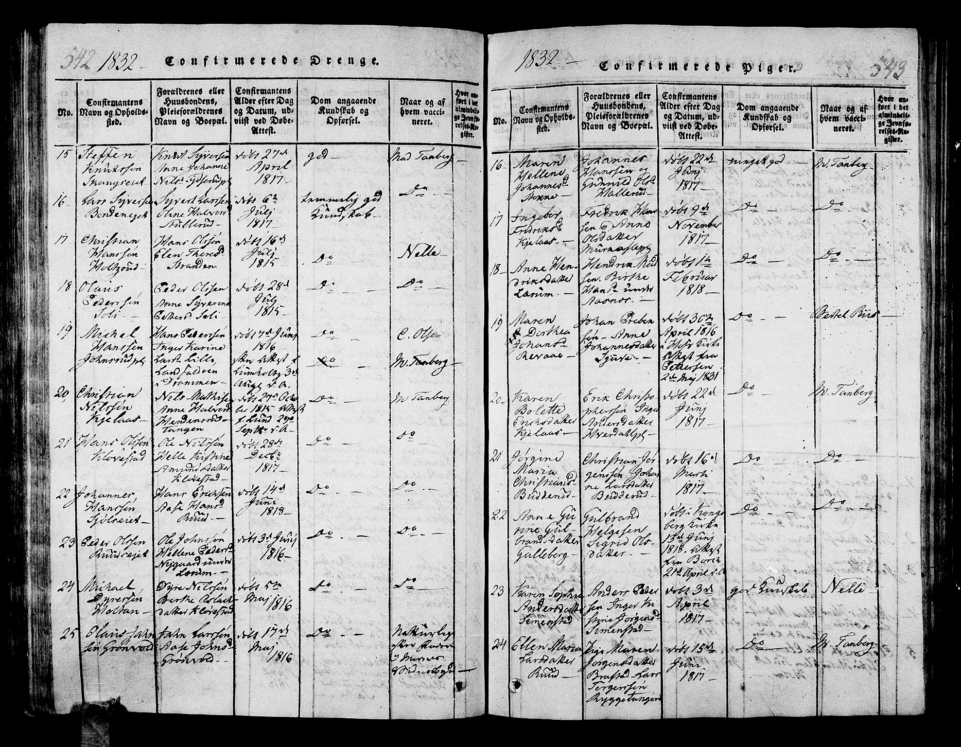 Sande Kirkebøker, SAKO/A-53/G/Ga/L0001: Parish register (copy) no. 1, 1814-1847, p. 542-543