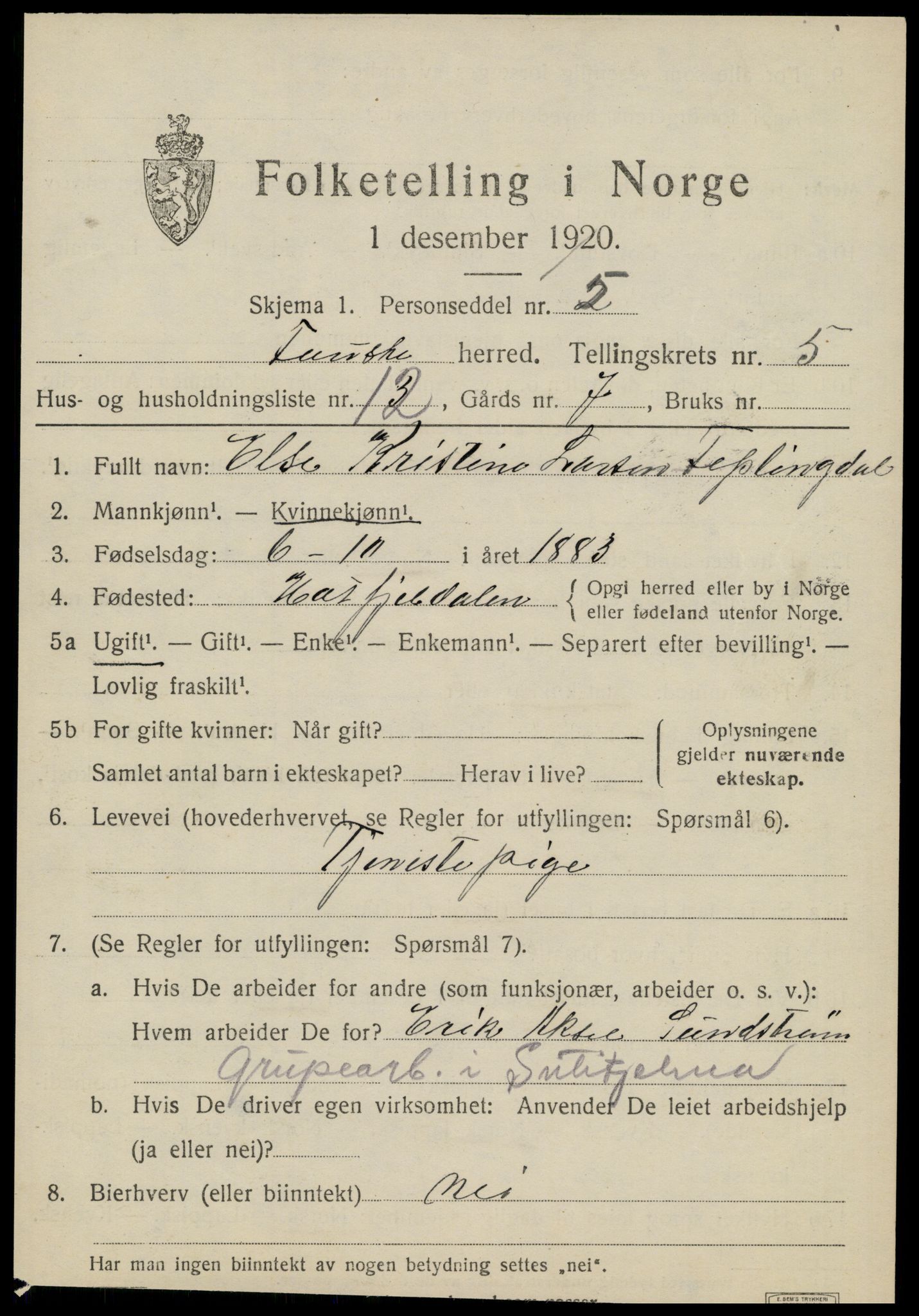 SAT, 1920 census for Fauske, 1920, p. 5422