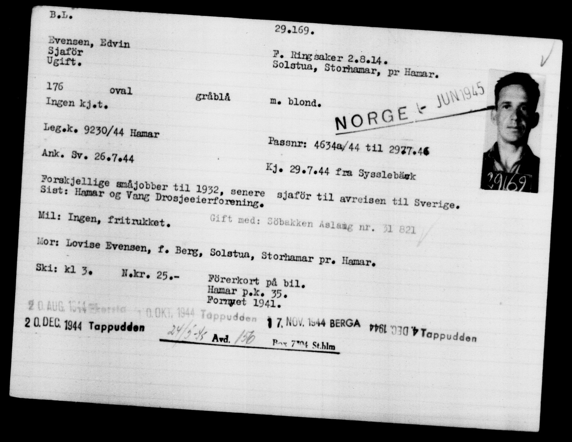 Utenriksstasjonene, Legasjonen i Stockholm, Flyktningkontoret, AV/RA-S-6753/V/Va/L0012: Kjesäterkartoteket, flyktninger med registreringsnr. 28300-31566, 1940-1945, p. 948
