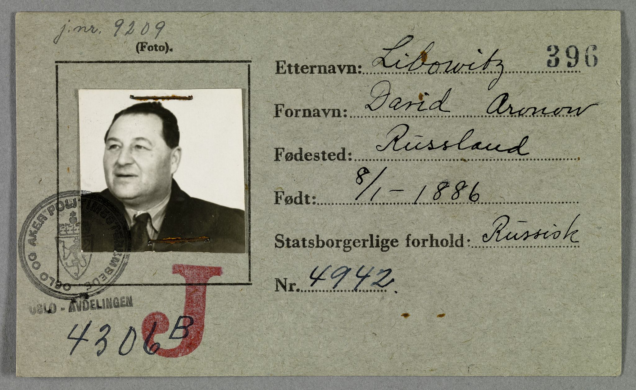 Sosialdepartementet, Våre Falne, RA/S-1708/E/Ee/L0021A: Fotografier av jøder på legitimasjonskort (1941-42), 1941-1942, p. 245