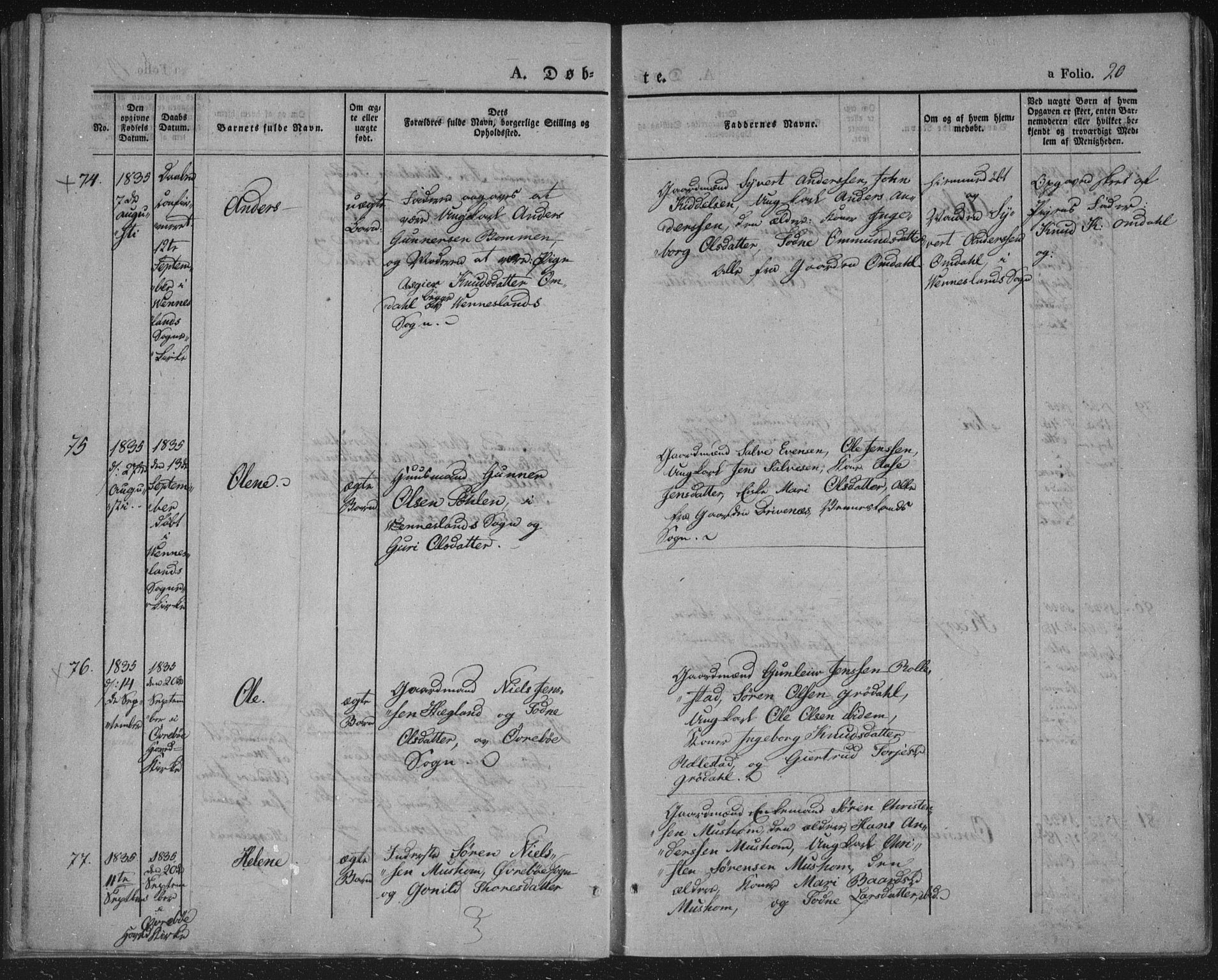 Vennesla sokneprestkontor, AV/SAK-1111-0045/Fa/Fac/L0004: Parish register (official) no. A 4, 1834-1855, p. 20