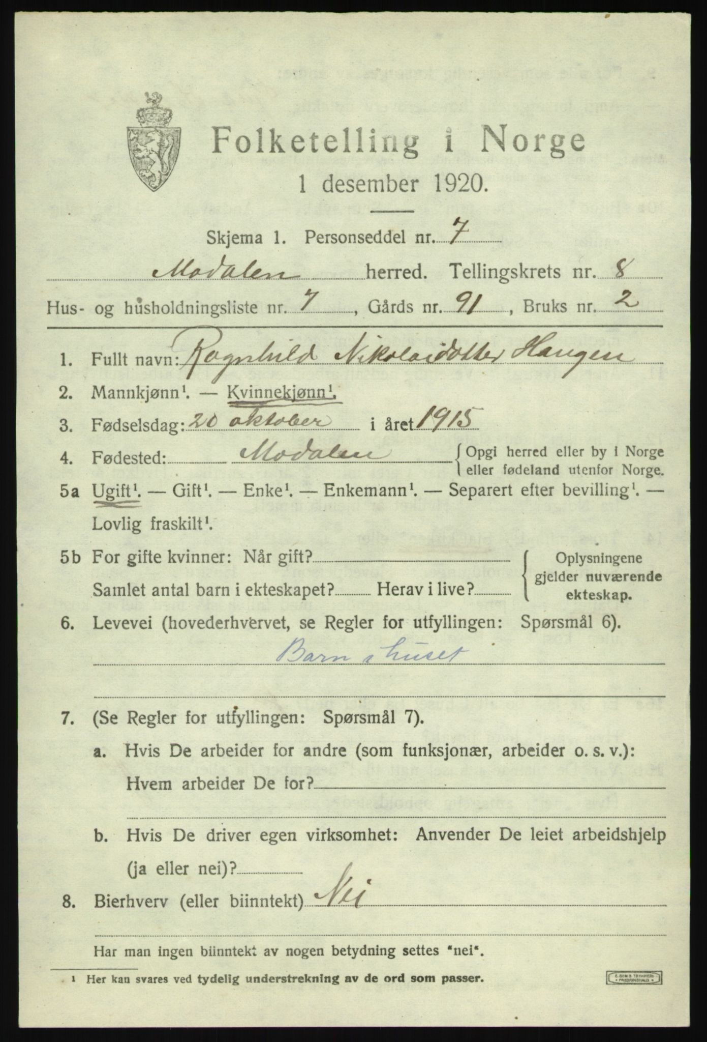 SAB, 1920 census for Modalen, 1920, p. 1596