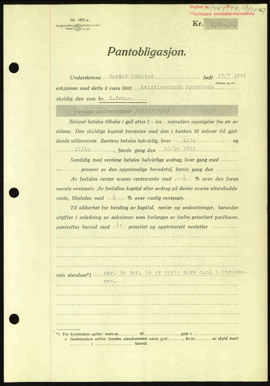 Nordmøre sorenskriveri, AV/SAT-A-4132/1/2/2Ca: Mortgage book no. B92, 1944-1945, Diary no: : 1797/1944