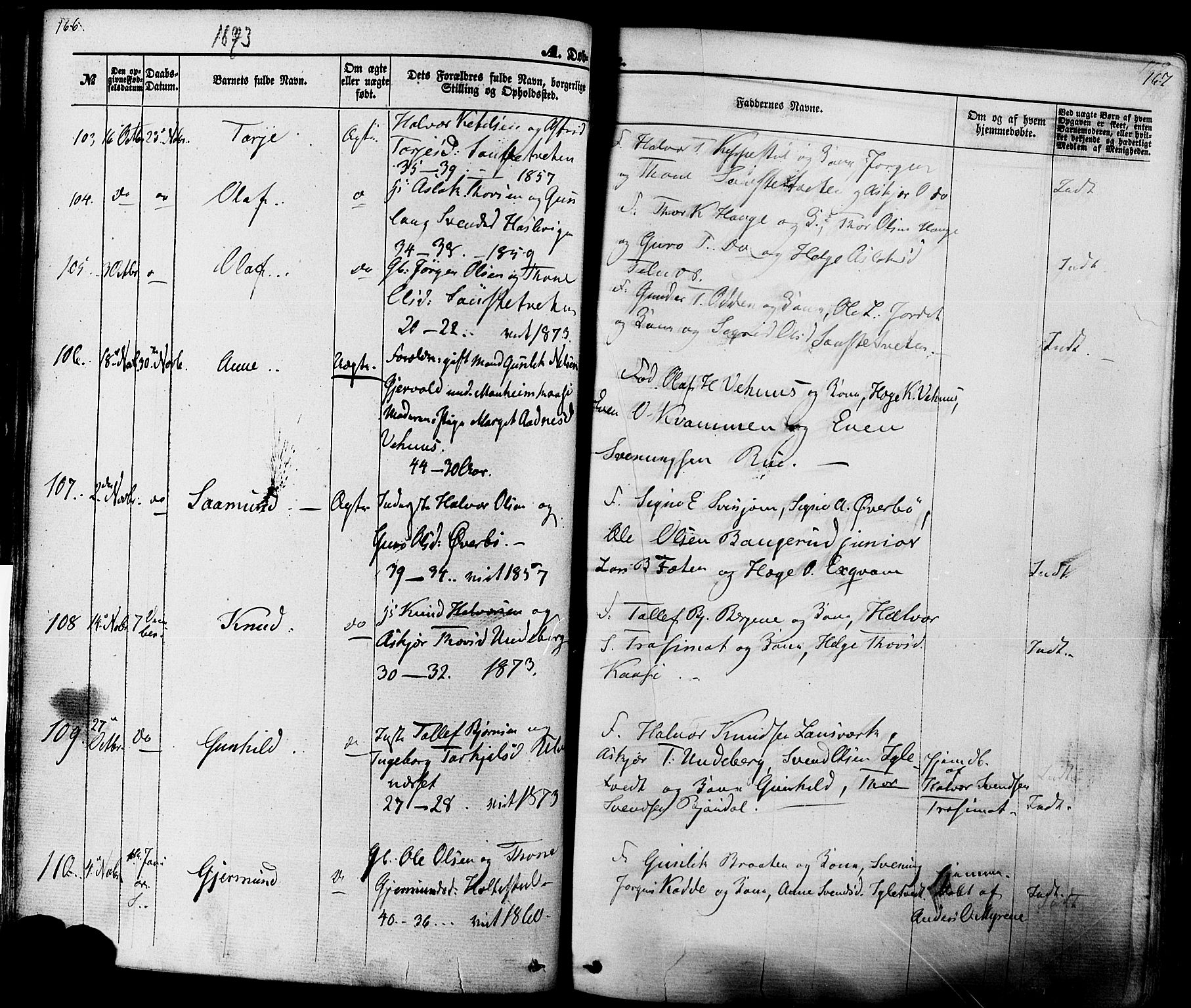 Seljord kirkebøker, AV/SAKO-A-20/F/Fa/L0013: Parish register (official) no. I 13, 1866-1876, p. 166-167