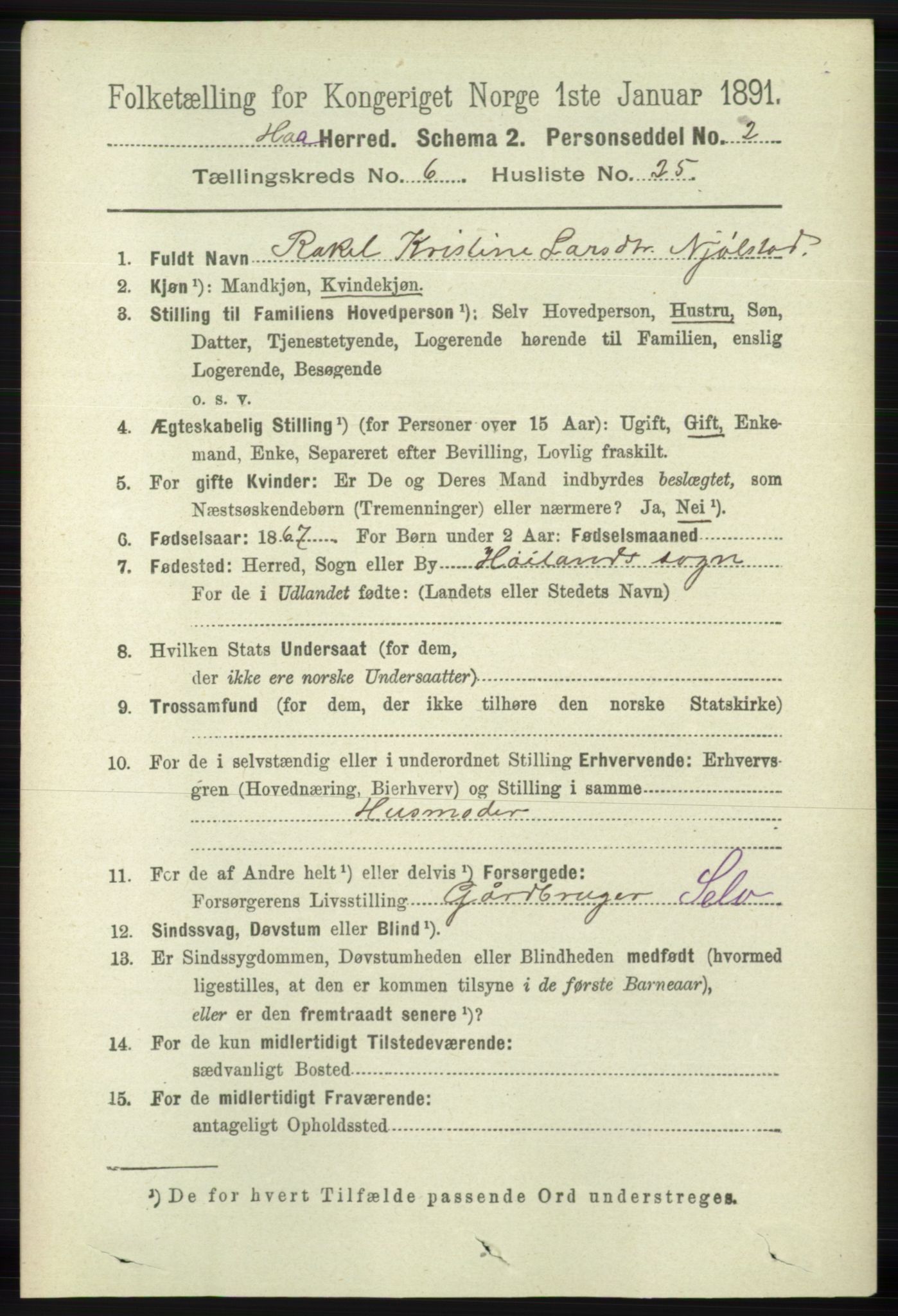 RA, 1891 census for 1119 Hå, 1891, p. 1885