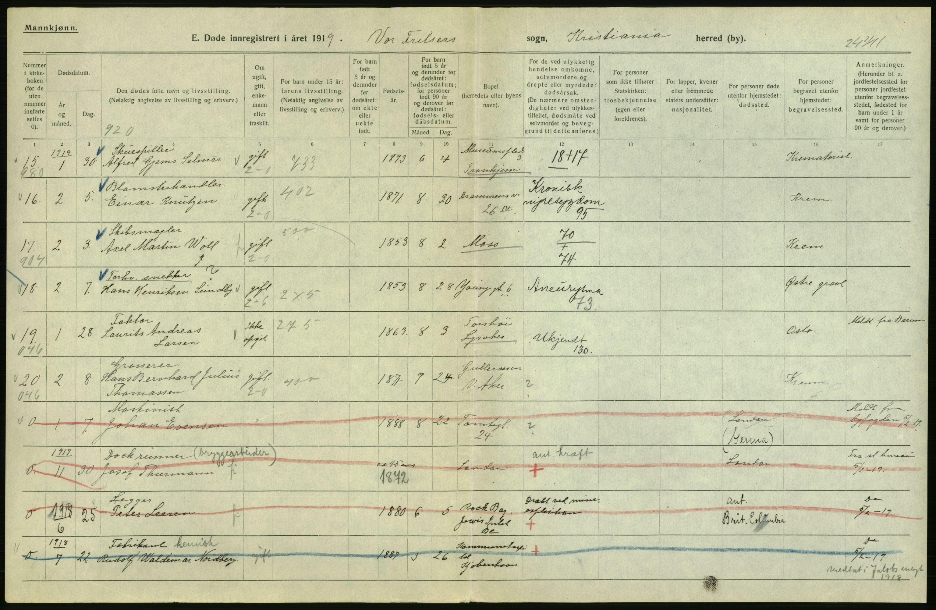 Statistisk sentralbyrå, Sosiodemografiske emner, Befolkning, AV/RA-S-2228/D/Df/Dfb/Dfbi/L0011: Kristiania: Døde, dødfødte, 1919