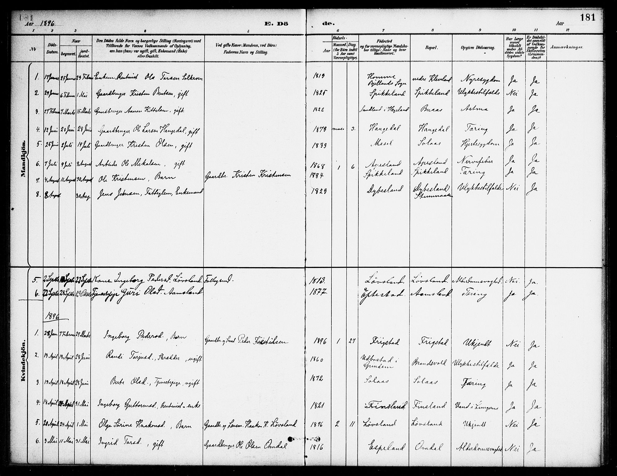 Bjelland sokneprestkontor, SAK/1111-0005/F/Fa/Fab/L0004: Parish register (official) no. A 4, 1887-1920, p. 181
