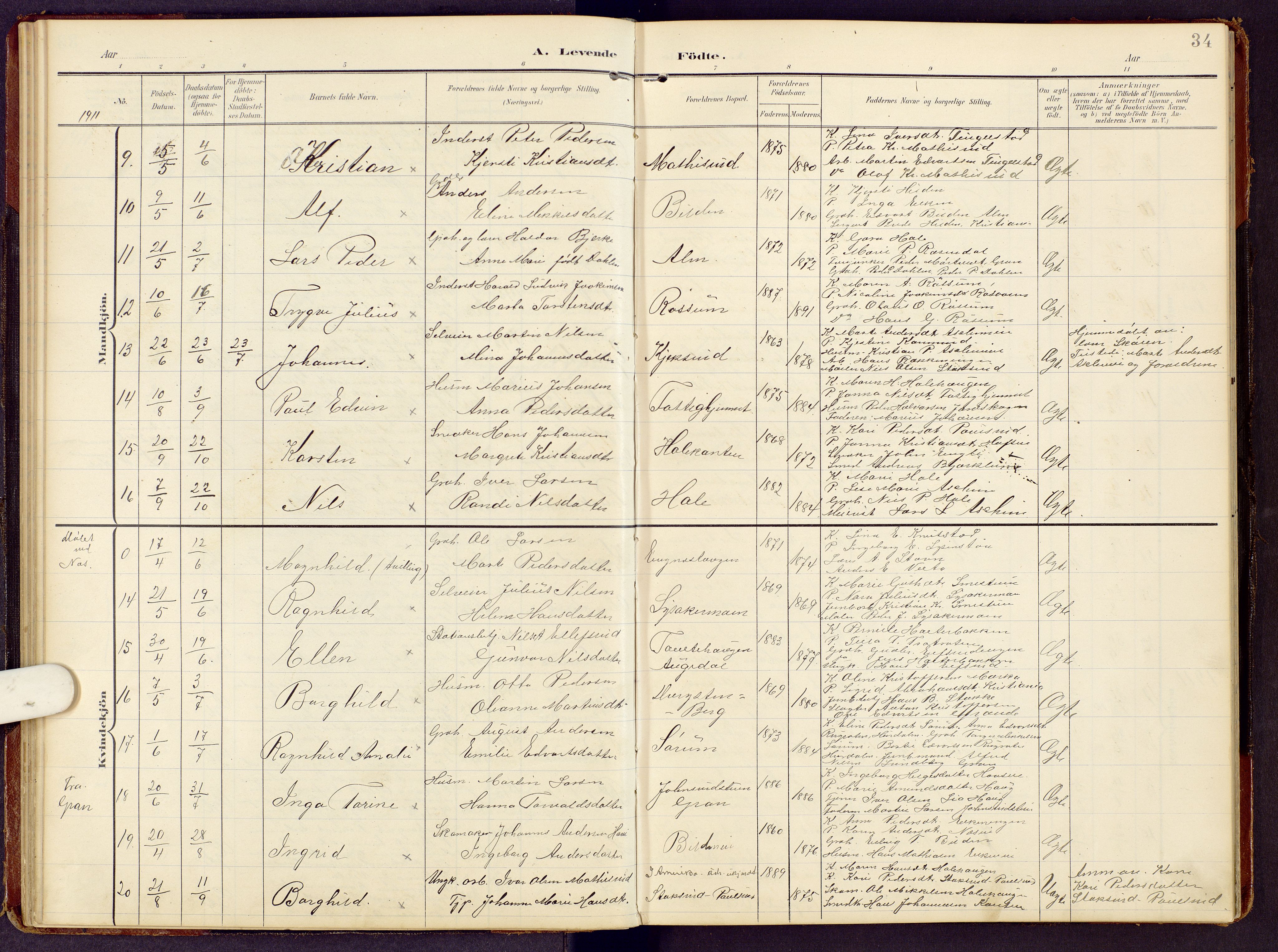 Brandbu prestekontor, SAH/PREST-114/H/Ha/Hab/L0009: Parish register (copy) no. 9, 1903-1916, p. 34