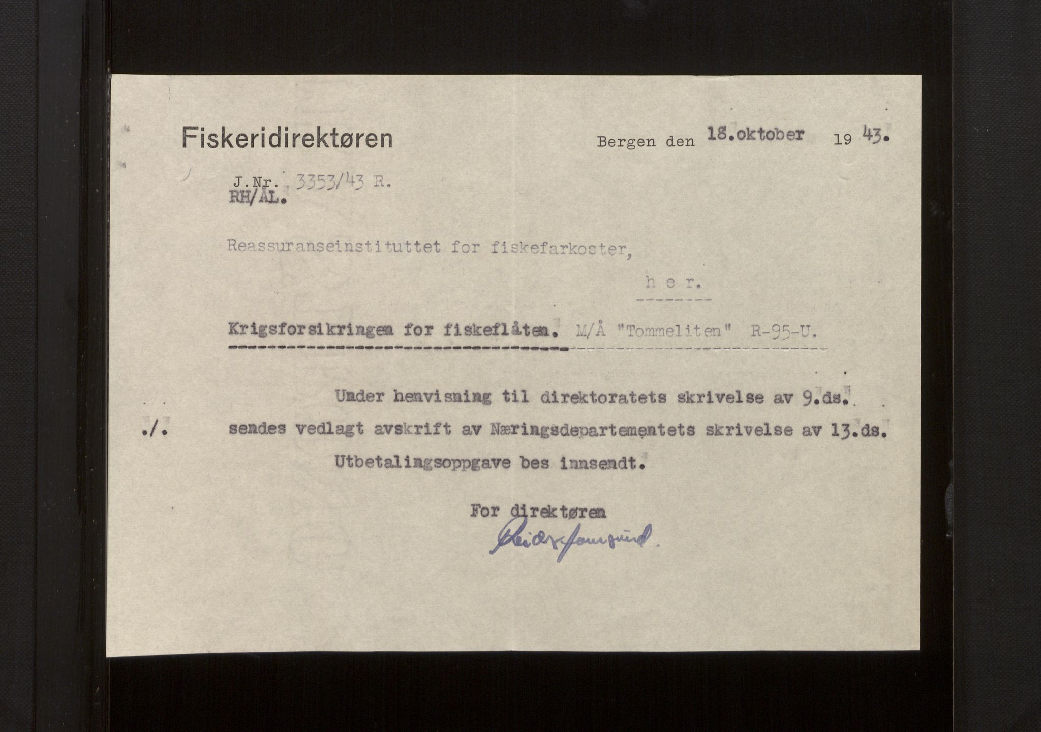 Fiskeridirektoratet - 1 Adm. ledelse - 13 Båtkontoret, AV/SAB-A-2003/La/L0008: Statens krigsforsikring for fiskeflåten, 1936-1971, p. 213