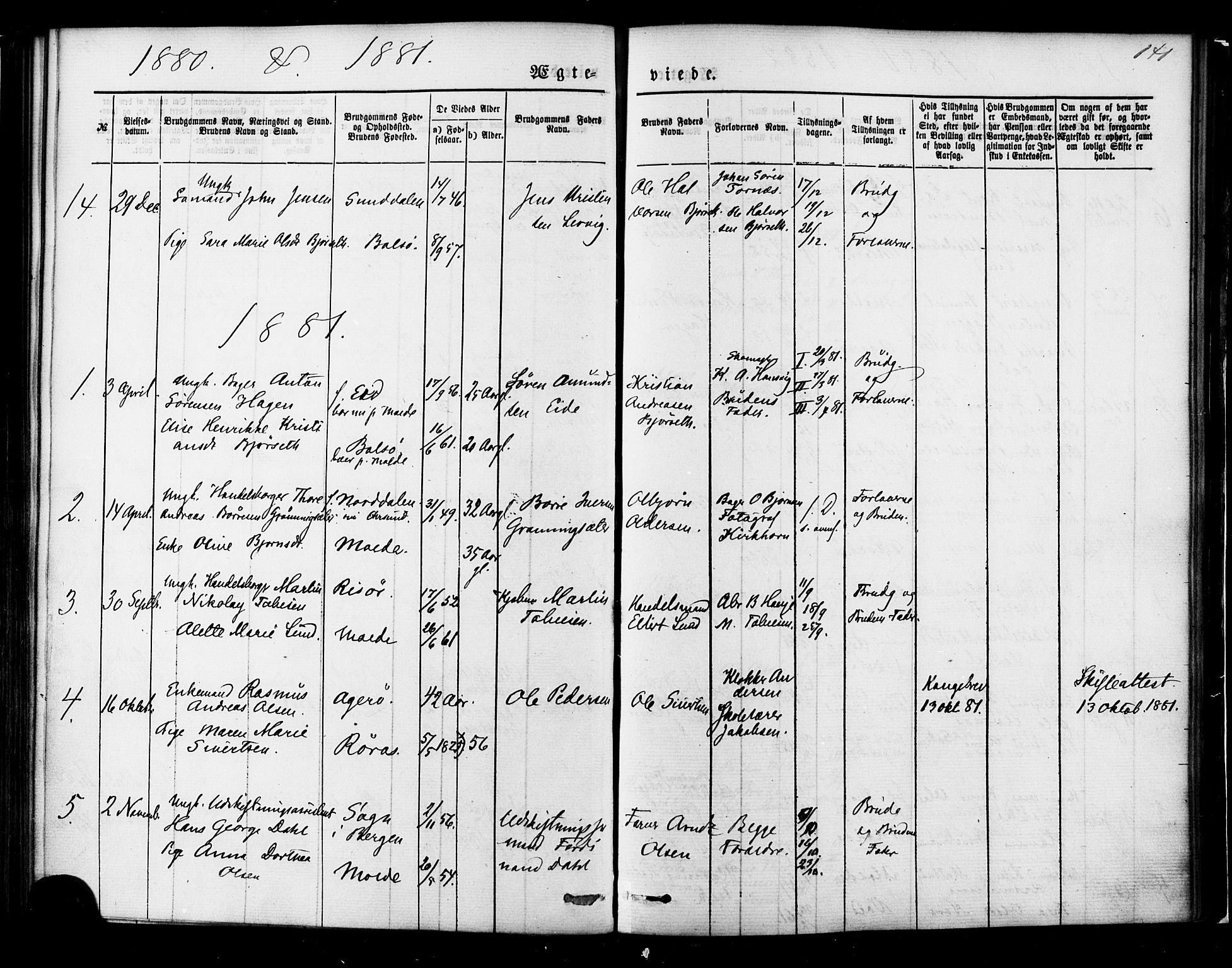 Ministerialprotokoller, klokkerbøker og fødselsregistre - Møre og Romsdal, AV/SAT-A-1454/558/L0691: Parish register (official) no. 558A05, 1873-1886, p. 141