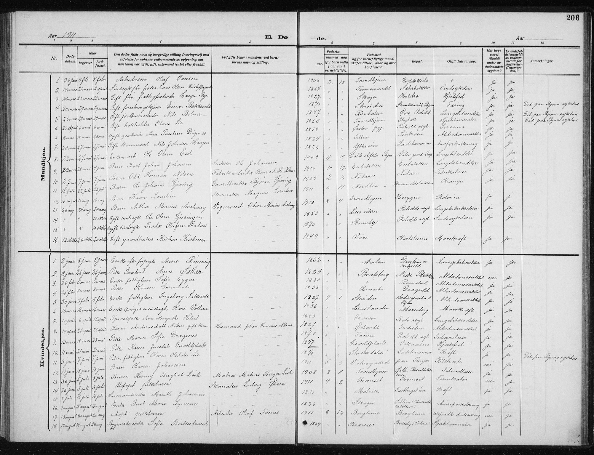 Ministerialprotokoller, klokkerbøker og fødselsregistre - Sør-Trøndelag, SAT/A-1456/606/L0314: Parish register (copy) no. 606C10, 1911-1937, p. 206