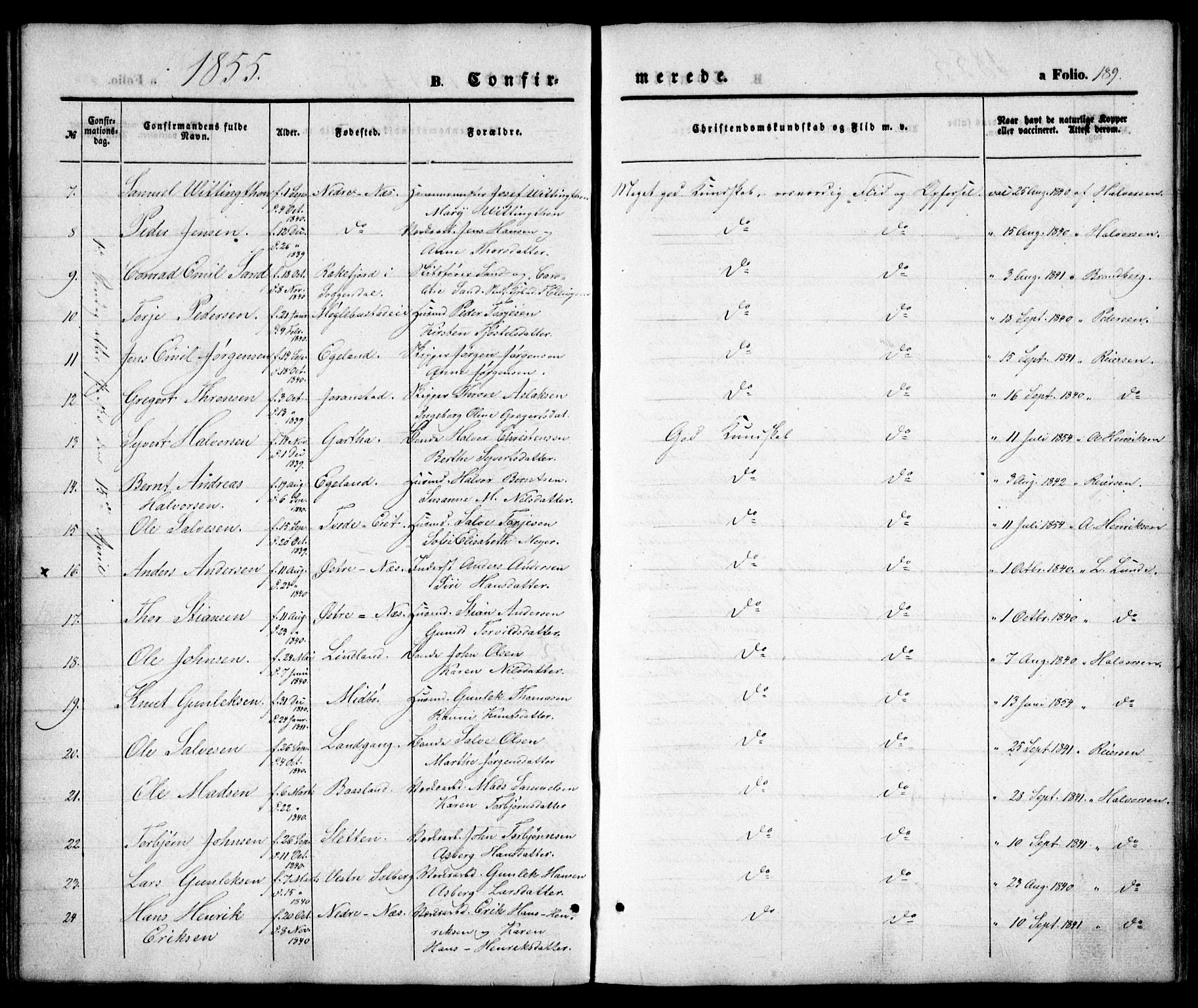 Holt sokneprestkontor, SAK/1111-0021/F/Fa/L0008: Parish register (official) no. A 8, 1849-1860, p. 189