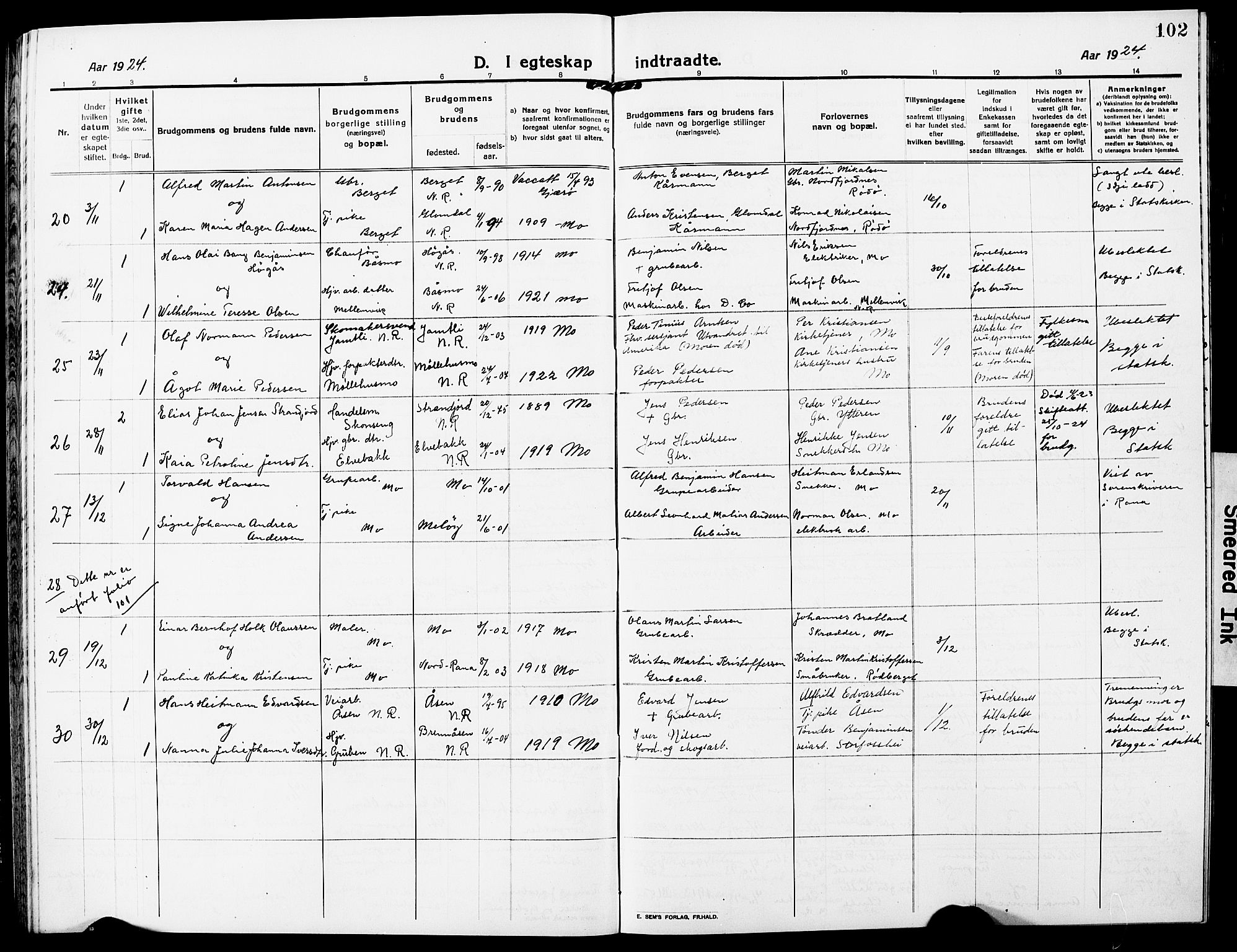 Ministerialprotokoller, klokkerbøker og fødselsregistre - Nordland, AV/SAT-A-1459/827/L0424: Parish register (copy) no. 827C13, 1921-1930, p. 102