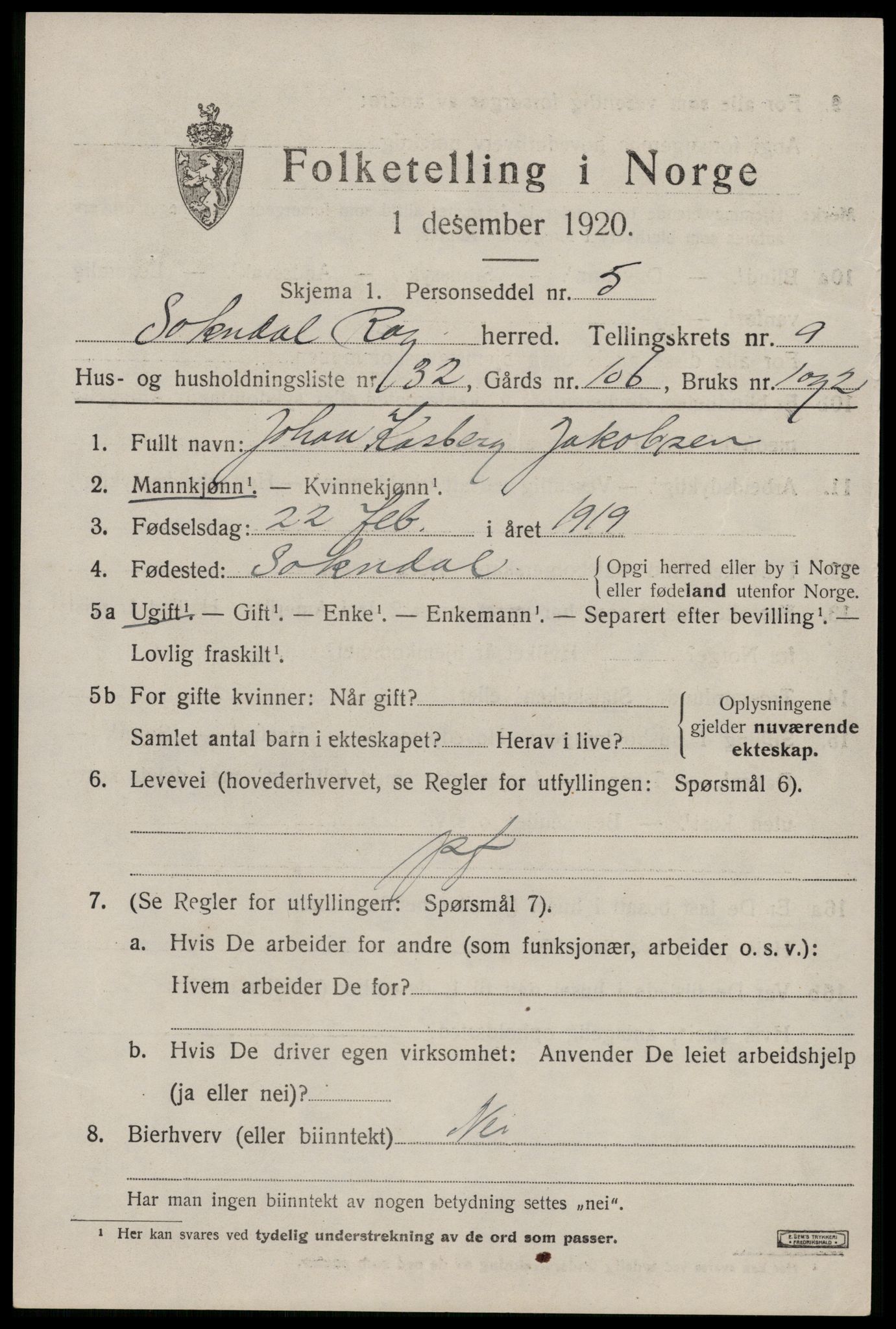 SAST, 1920 census for Sokndal, 1920, p. 5715