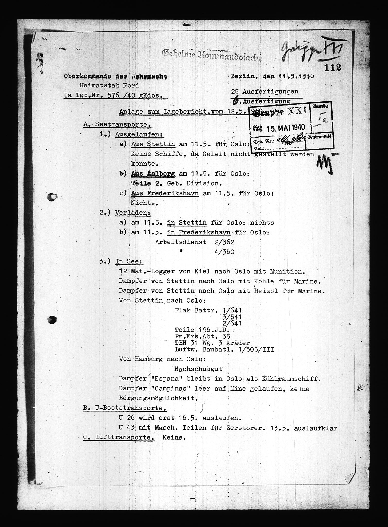 Documents Section, AV/RA-RAFA-2200/V/L0083: Amerikansk mikrofilm "Captured German Documents".
Box No. 722.  FKA jnr. 615/1954., 1940, p. 252