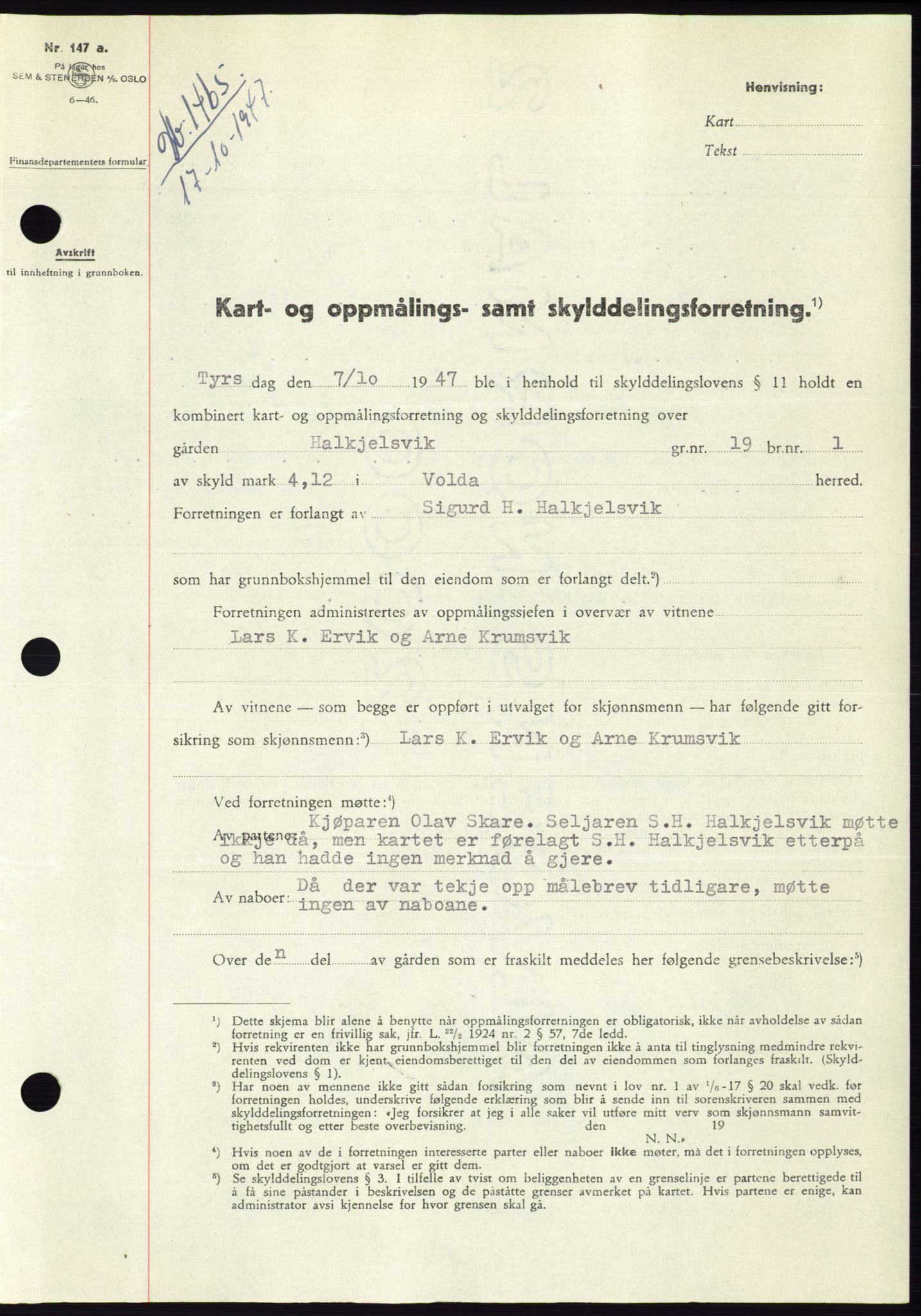 Søre Sunnmøre sorenskriveri, AV/SAT-A-4122/1/2/2C/L0081: Mortgage book no. 7A, 1947-1948, Diary no: : 1465/1947