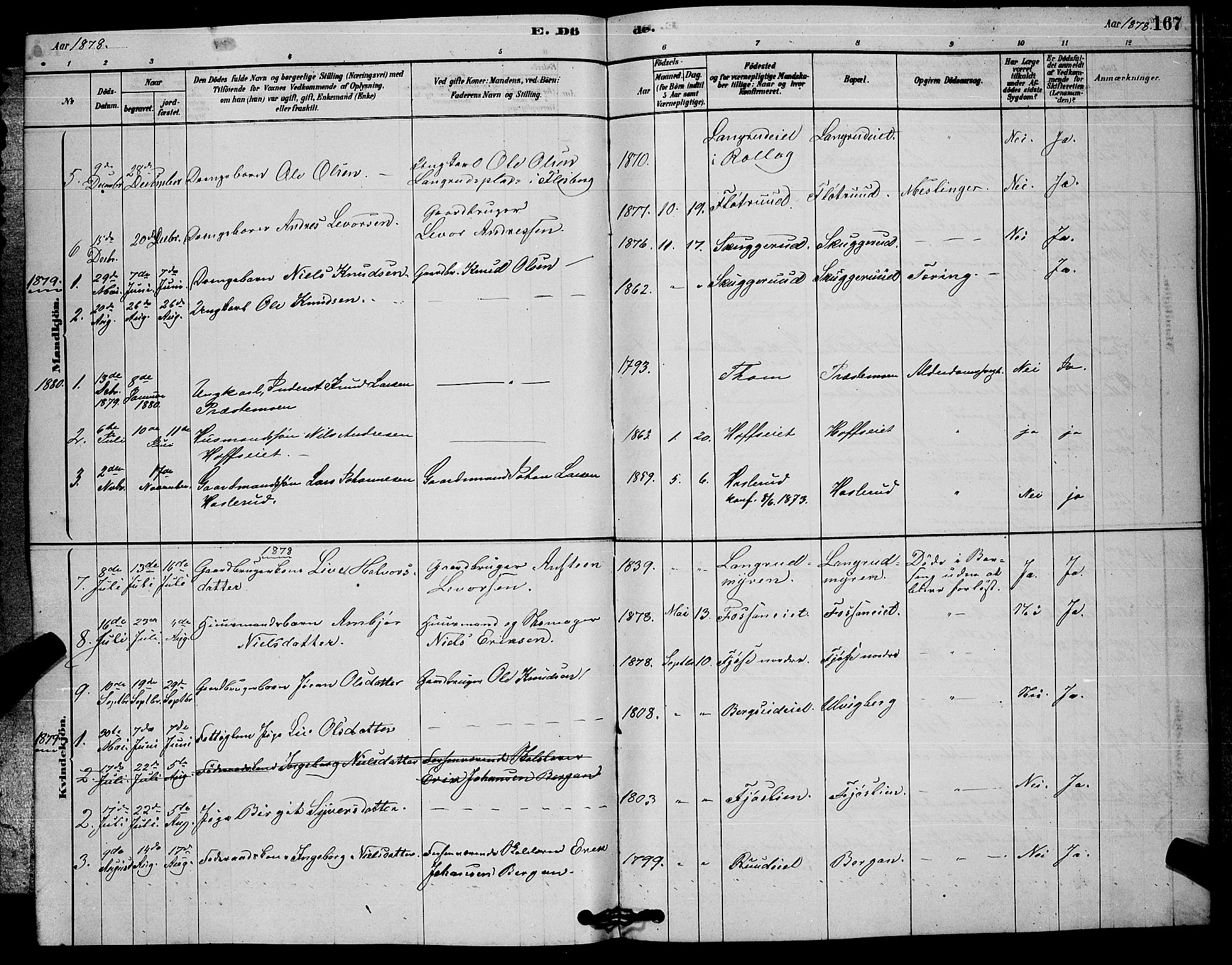 Rollag kirkebøker, SAKO/A-240/G/Ga/L0004: Parish register (copy) no. I 4, 1878-1903, p. 167