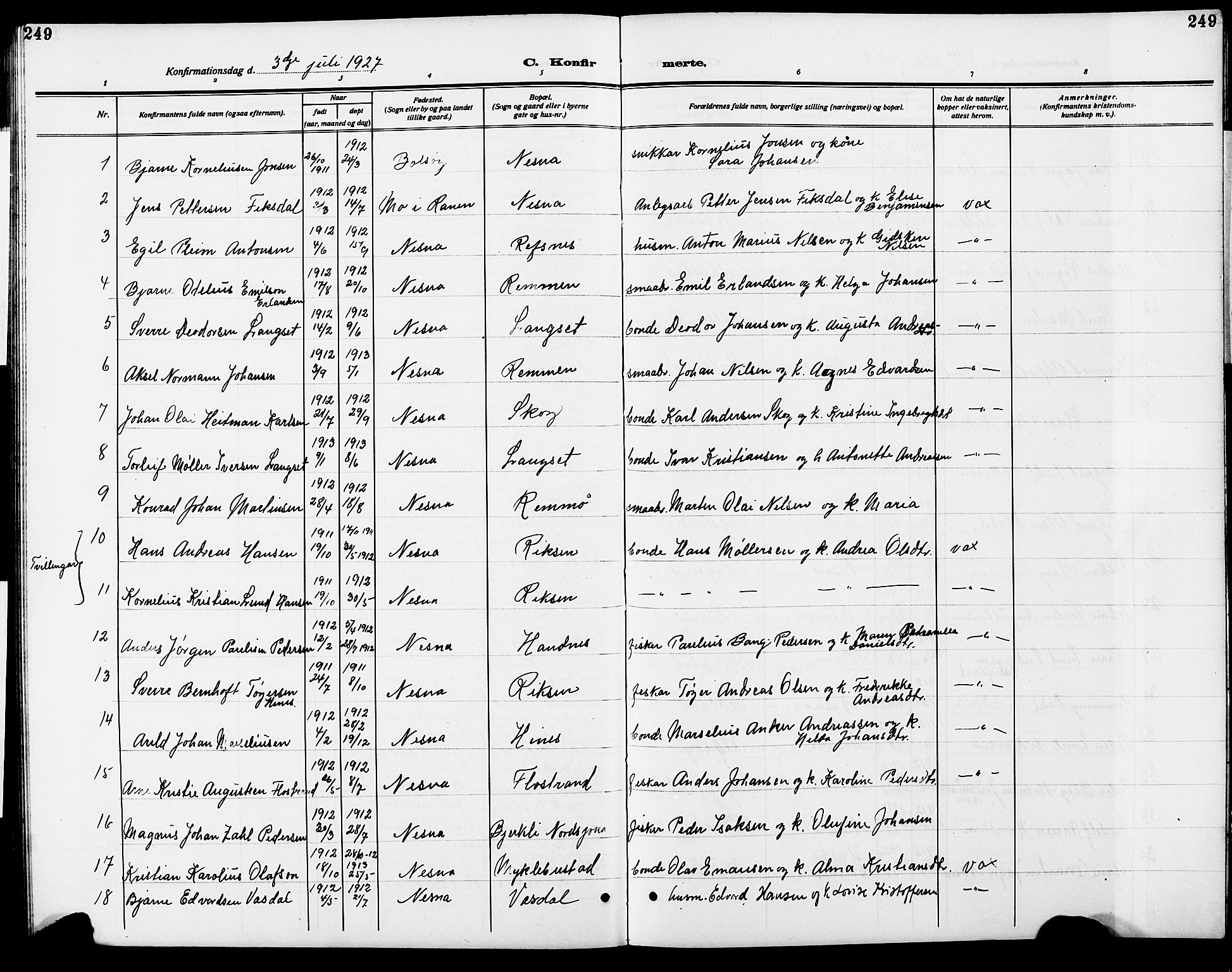 Ministerialprotokoller, klokkerbøker og fødselsregistre - Nordland, AV/SAT-A-1459/838/L0560: Parish register (copy) no. 838C07, 1910-1928, p. 249