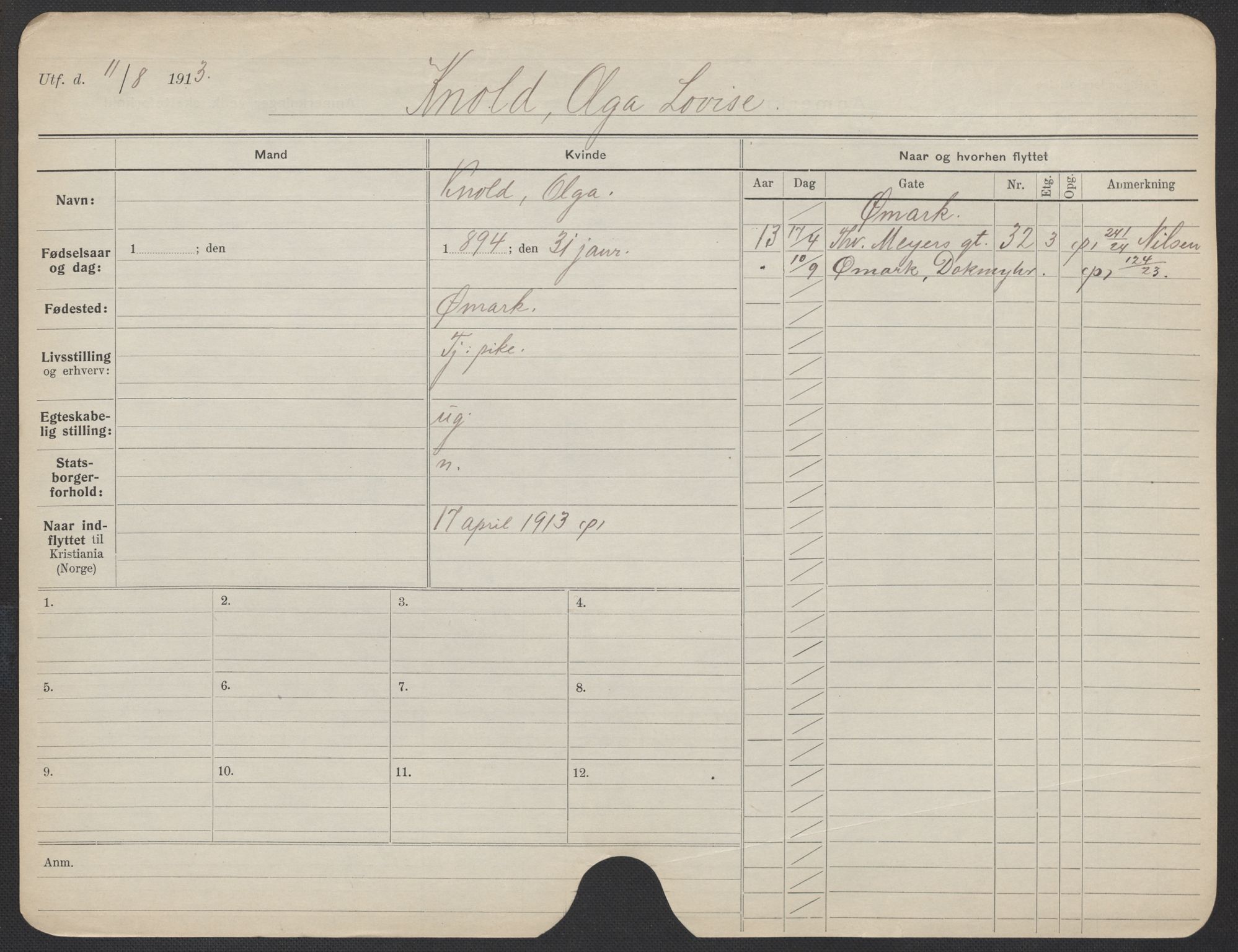 Oslo folkeregister, Registerkort, AV/SAO-A-11715/F/Fa/Fac/L0018: Kvinner, 1906-1914, p. 1178a