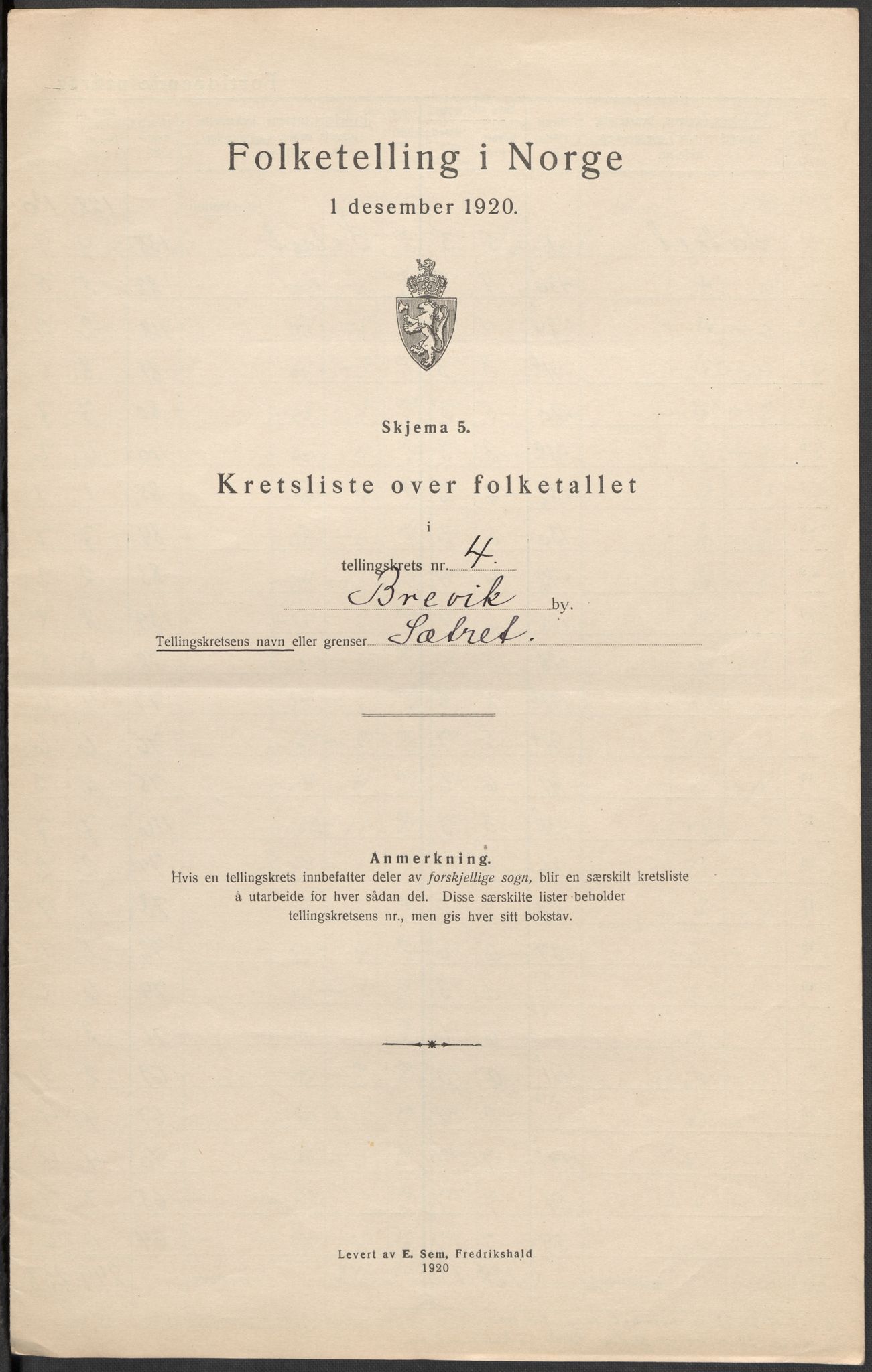 SAKO, 1920 census for Brevik, 1920, p. 15