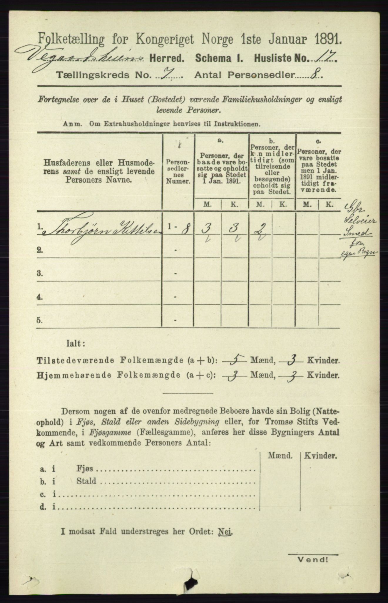 RA, 1891 census for 0912 Vegårshei, 1891, p. 1327