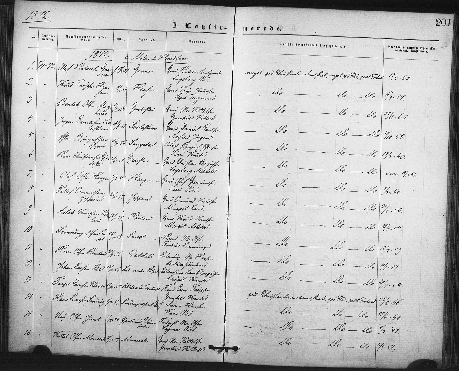 Fyresdal kirkebøker, SAKO/A-263/F/Fa/L0006: Parish register (official) no. I 6, 1872-1886, p. 201