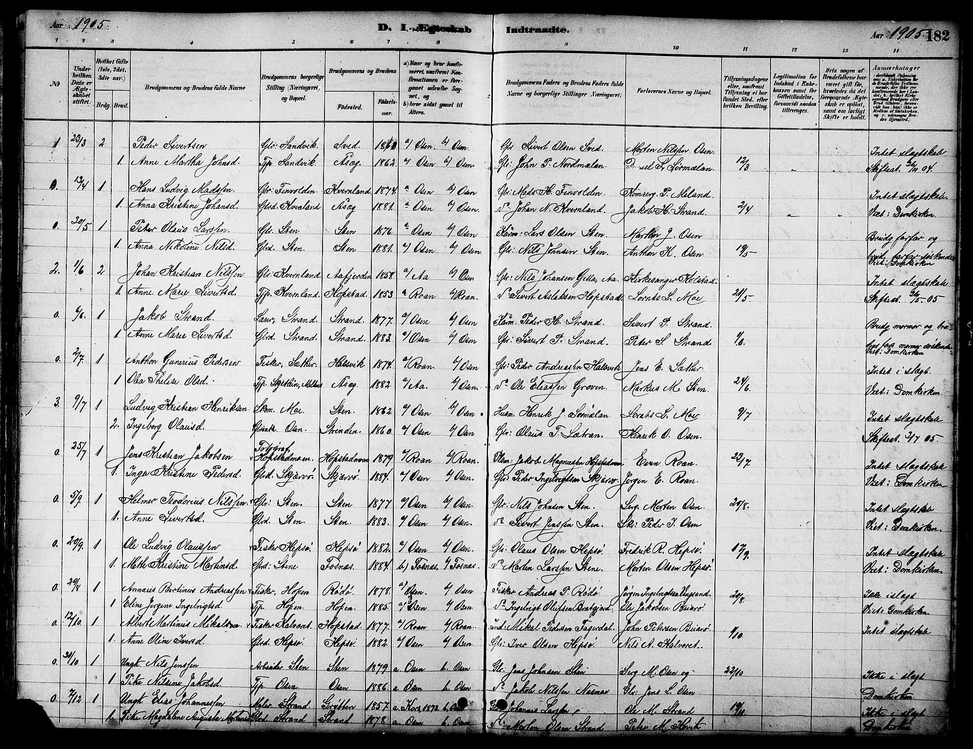 Ministerialprotokoller, klokkerbøker og fødselsregistre - Sør-Trøndelag, SAT/A-1456/658/L0726: Parish register (copy) no. 658C02, 1883-1908, p. 182
