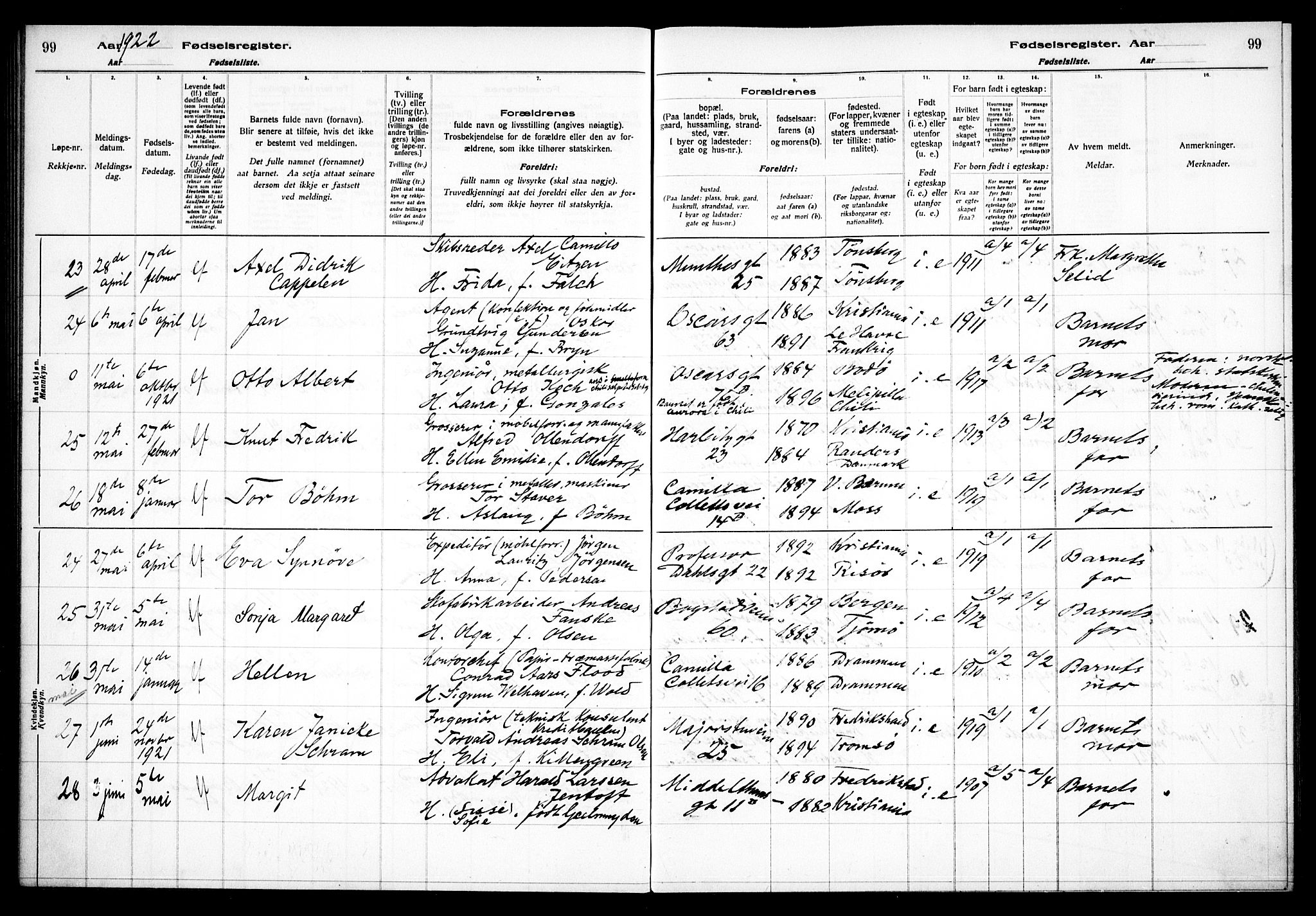 Uranienborg prestekontor Kirkebøker, AV/SAO-A-10877/J/Ja/L0001: Birth register no. 1, 1916-1930, p. 99