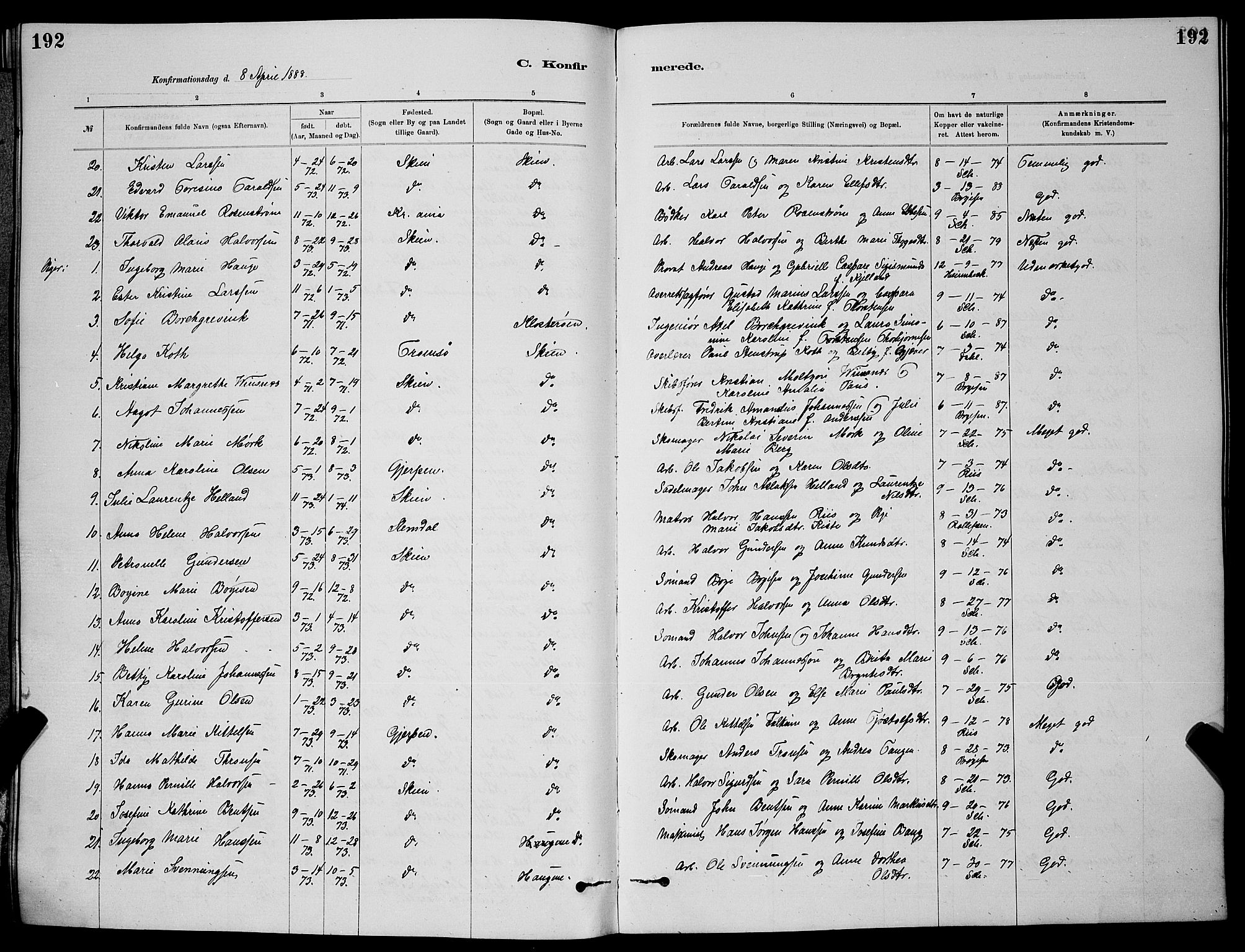 Skien kirkebøker, SAKO/A-302/G/Ga/L0006: Parish register (copy) no. 6, 1881-1890, p. 192