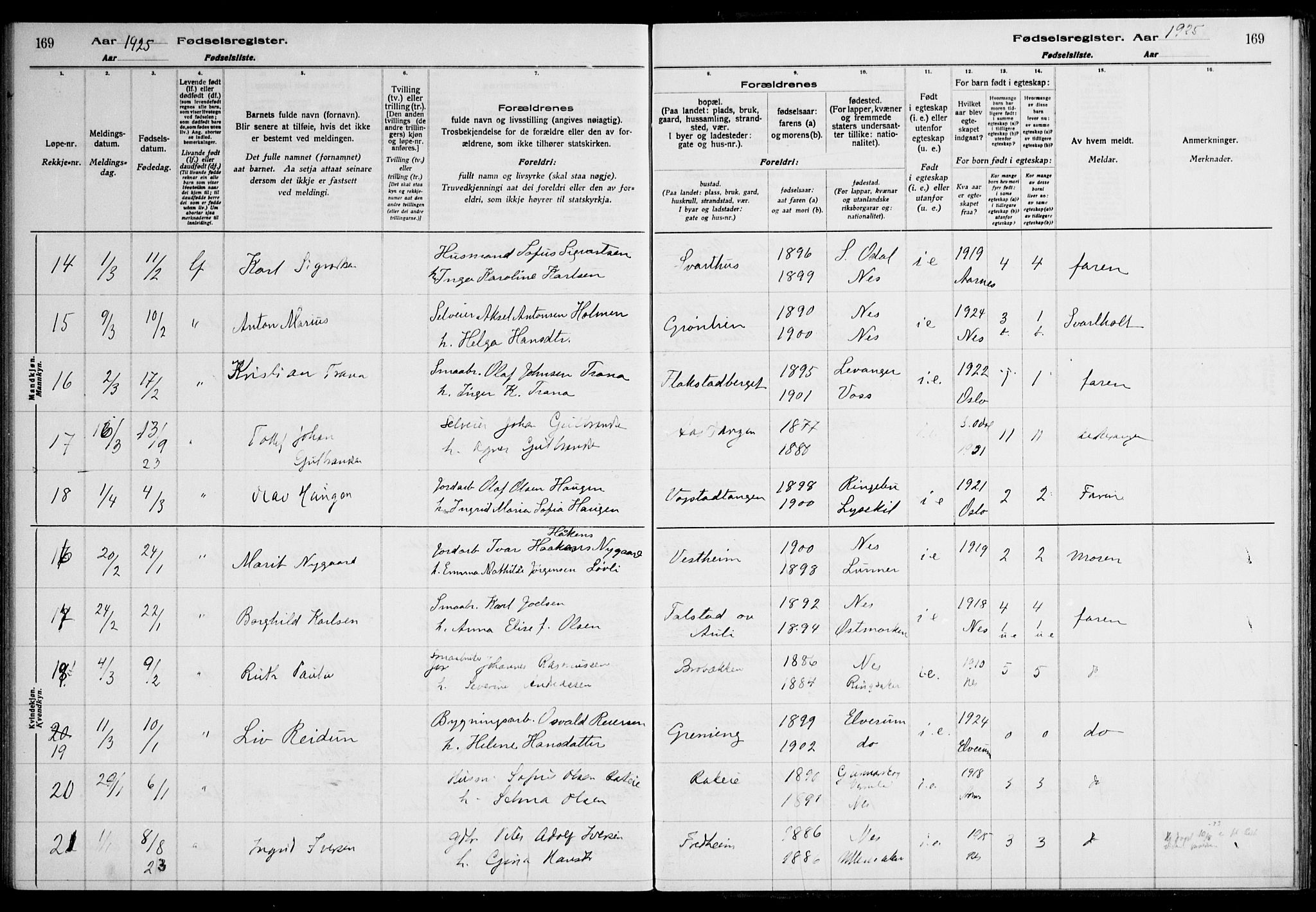 Nes prestekontor Kirkebøker, AV/SAO-A-10410/J/Ja/L0001: Birth register no. 1, 1916-1926, p. 169