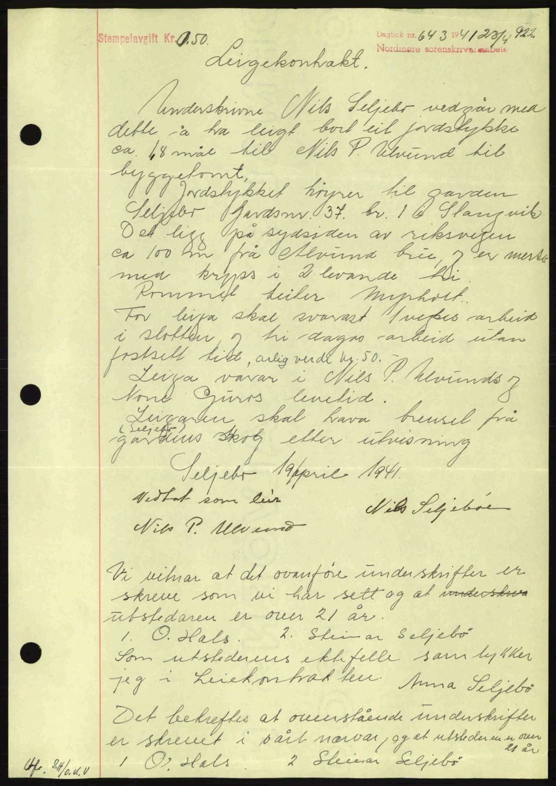 Nordmøre sorenskriveri, AV/SAT-A-4132/1/2/2Ca: Mortgage book no. B87, 1940-1941, Diary no: : 643/1941