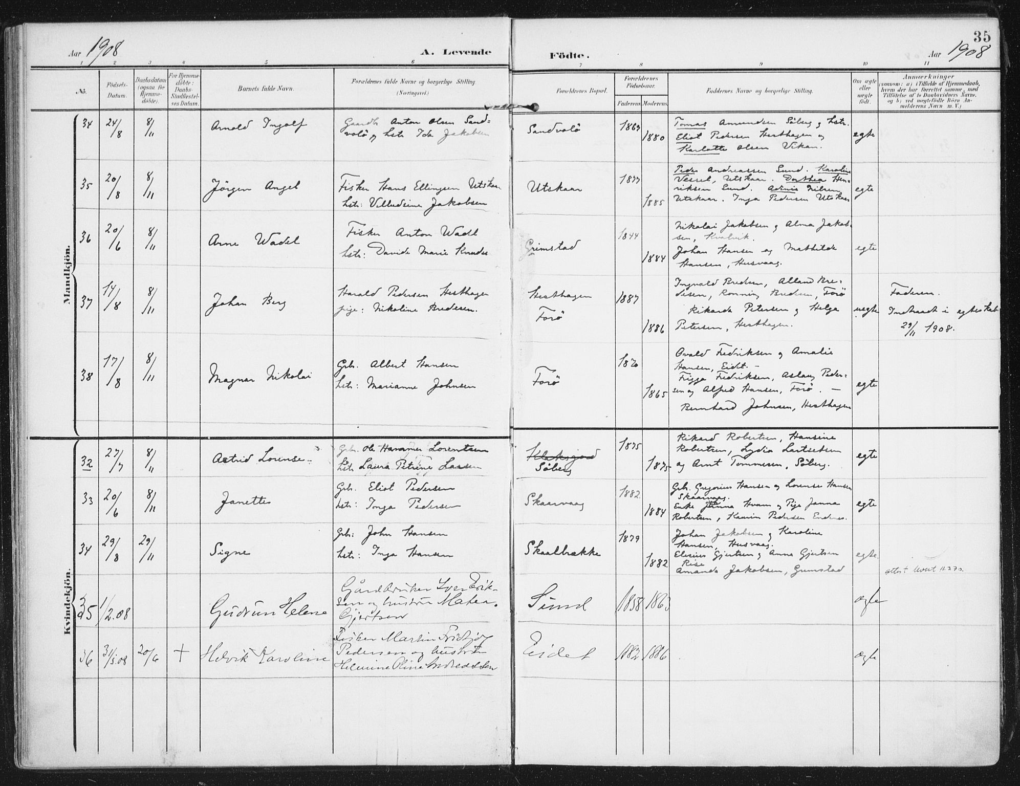 Ministerialprotokoller, klokkerbøker og fødselsregistre - Nordland, AV/SAT-A-1459/892/L1321: Parish register (official) no. 892A02, 1902-1918, p. 35