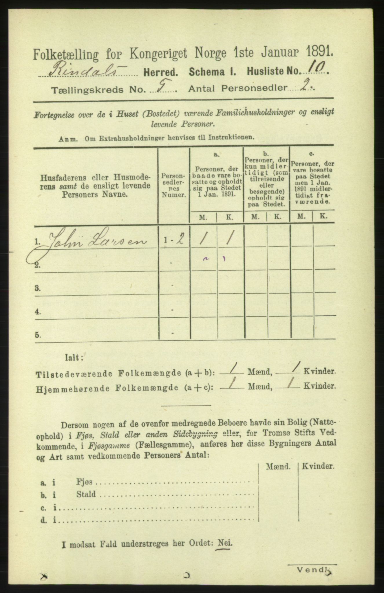 RA, 1891 census for 1567 Rindal, 1891, p. 1573