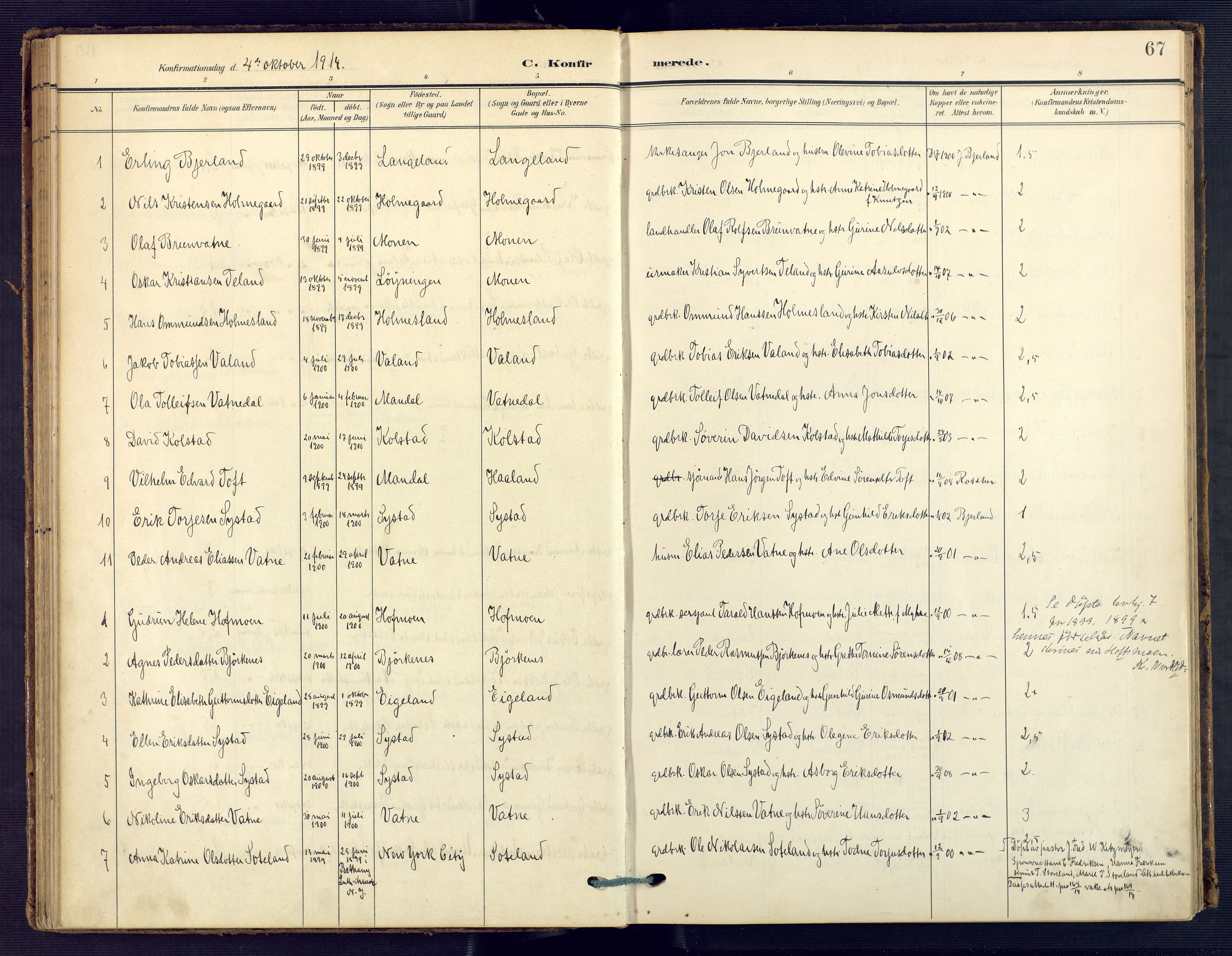 Holum sokneprestkontor, SAK/1111-0022/F/Fa/Faa/L0008: Parish register (official) no. A 8, 1908-1929, p. 67